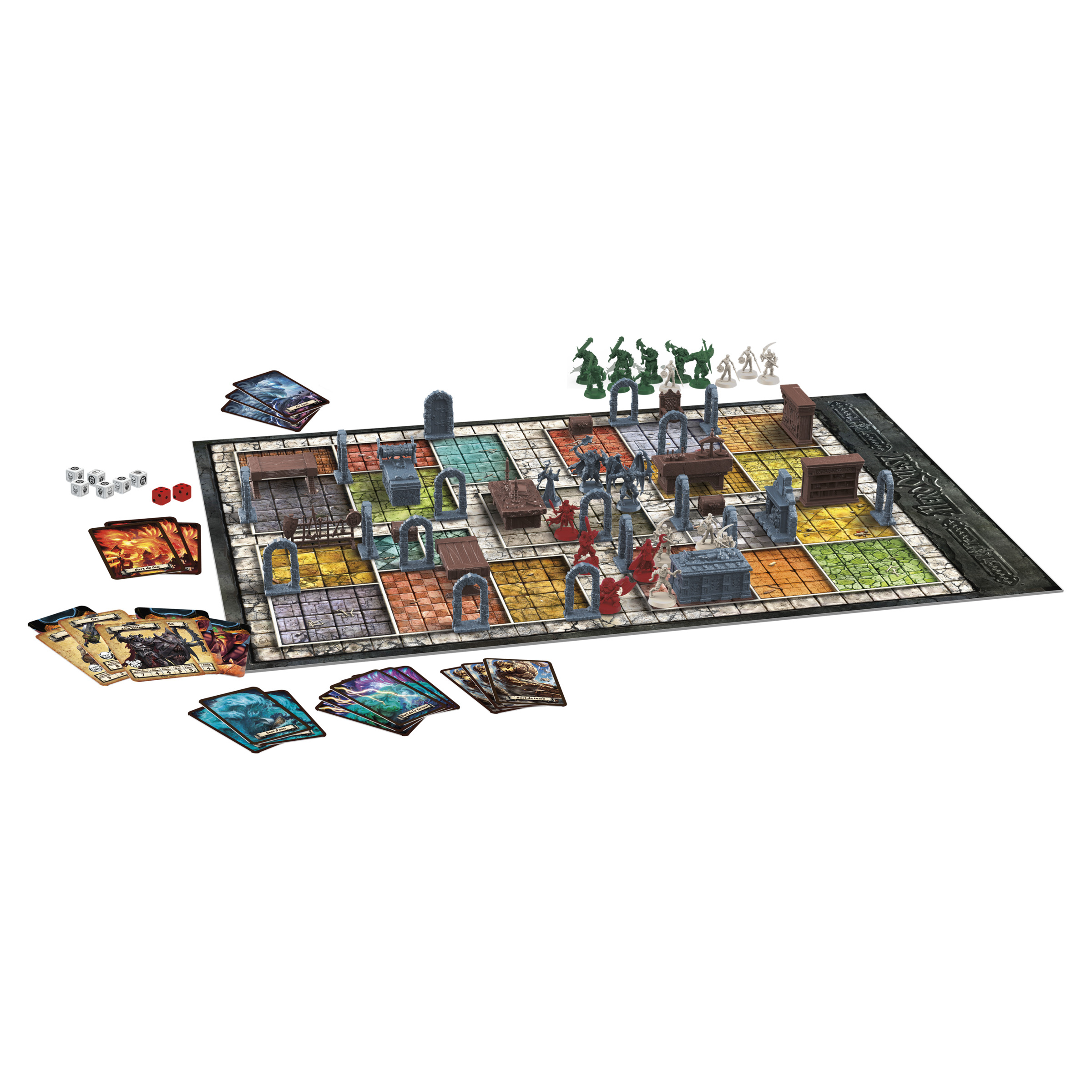 Configurazione del gioco da tavolo: tabellone, figure, dadi e carte. Figure di vari colori.