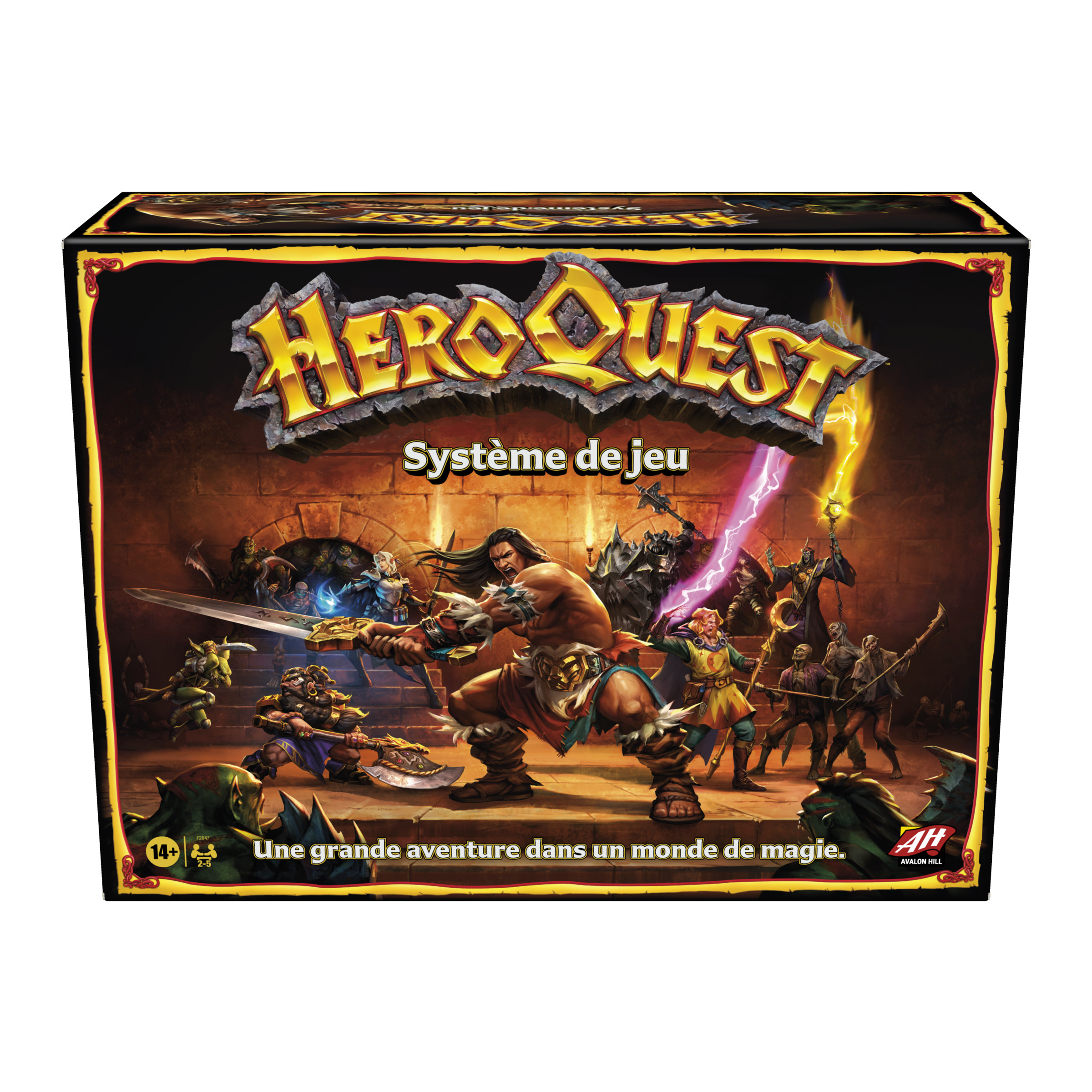 Scatola del gioco HeroQuest. L'artwork mostra una scena di battaglia con eroi contro mostri in un dungeon.
