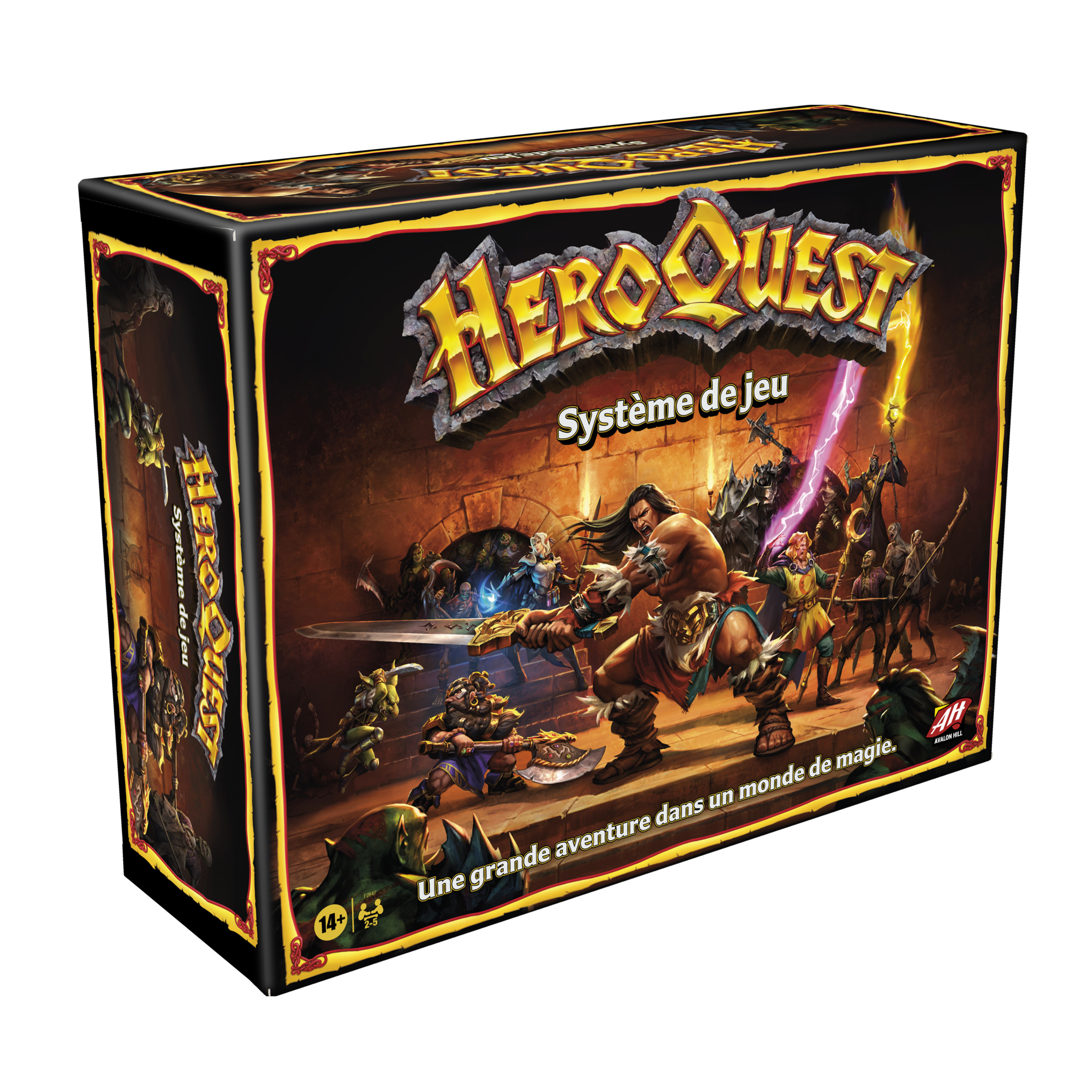 Una scatola di gioco da tavolo, 'HeroQuest', con arte fantasy di guerrieri e mostri in un dungeon.