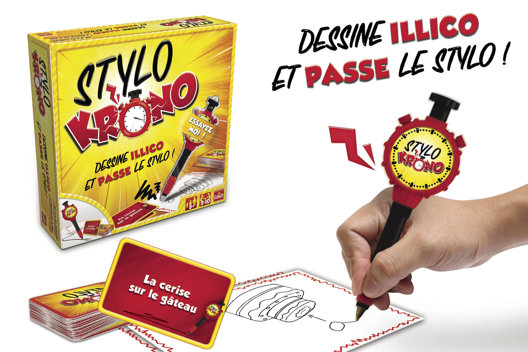 Pudełko z grą z długopisem i rysunkiem. Gra zawiera karty, długopis i rysunek.