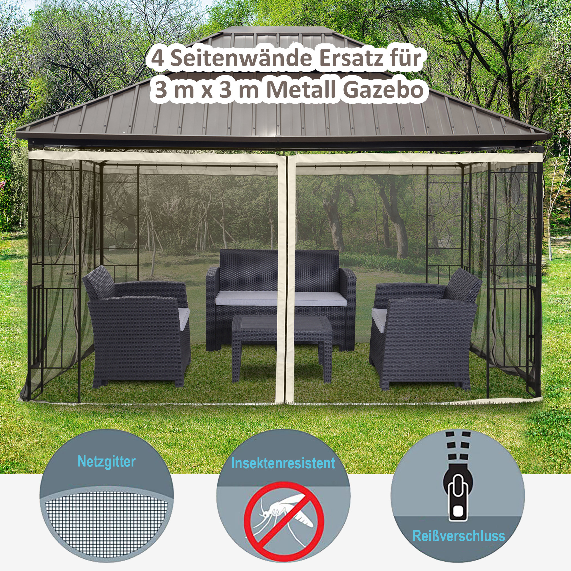 Ein Pavillon mit Maschenwänden. Hat einen Gras-Hintergrund und drei Symbole: Netz, Insekt und Reißverschluss.