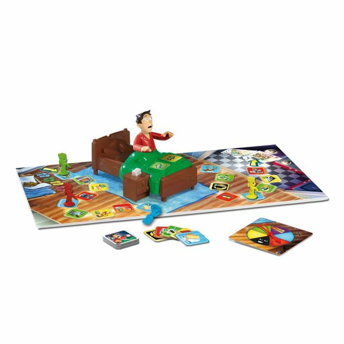 Una scena di gioco da tavolo con un letto, personaggi, carte e dadi su un tabellone.