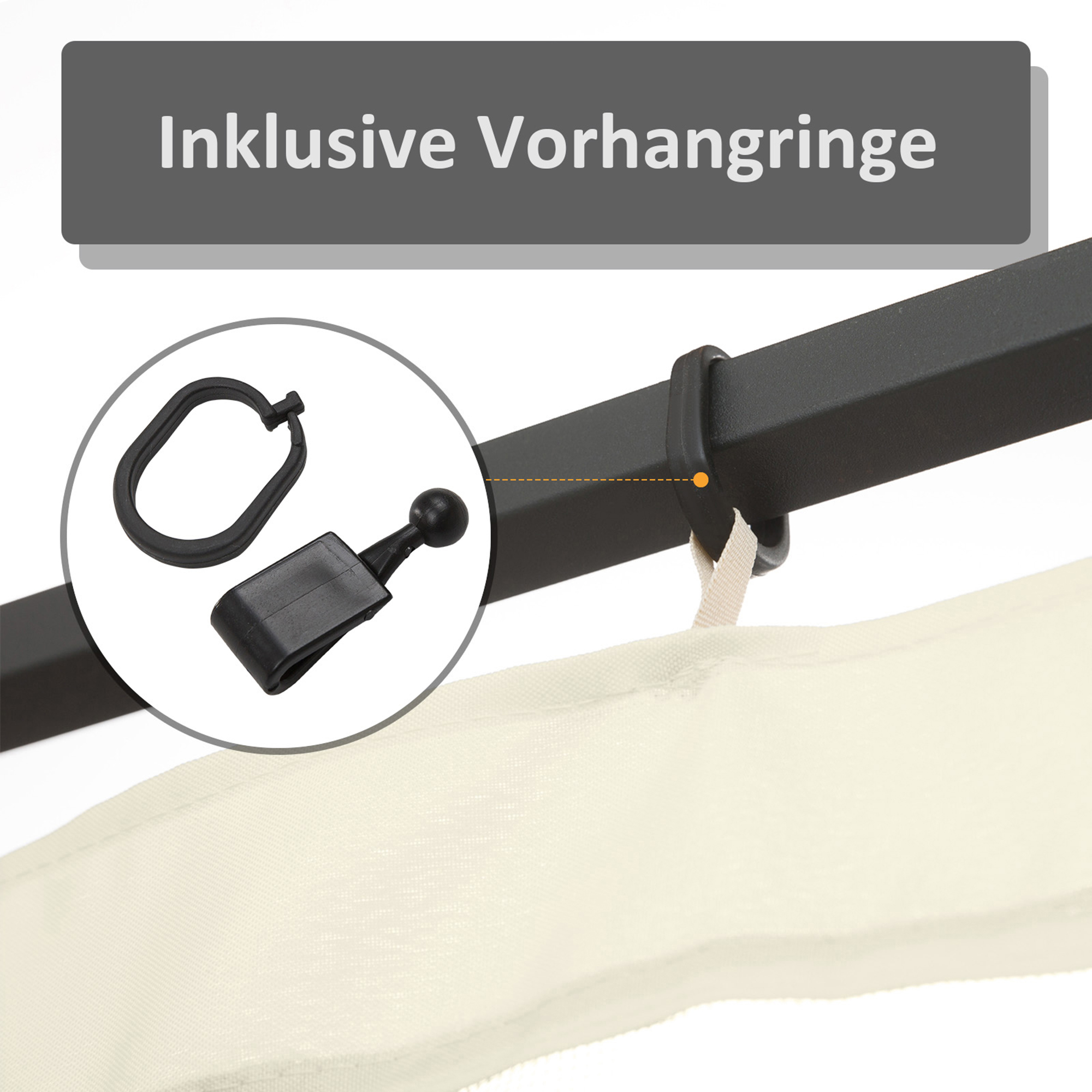 Nahaufnahme einer schwarzen Metallstruktur mit Ring und Clip, Text oben. Darunter hängt ein beiger Stoff.
