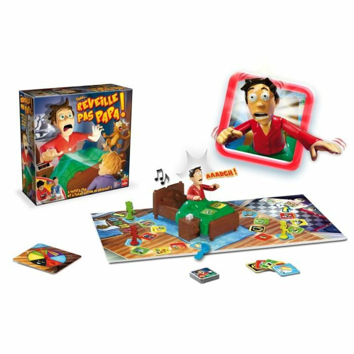 Scatola, tabellone e pezzi di gioco da tavolo con figure. Un uomo a letto è sul tabellone.