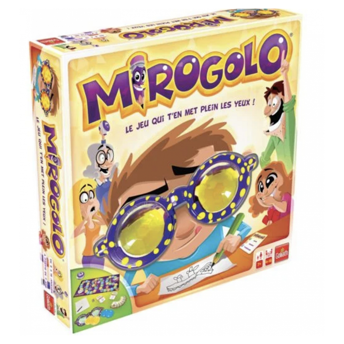 Doos van het Miragolo spel, met illustraties van spelers met een bril en tekenend met een pen.