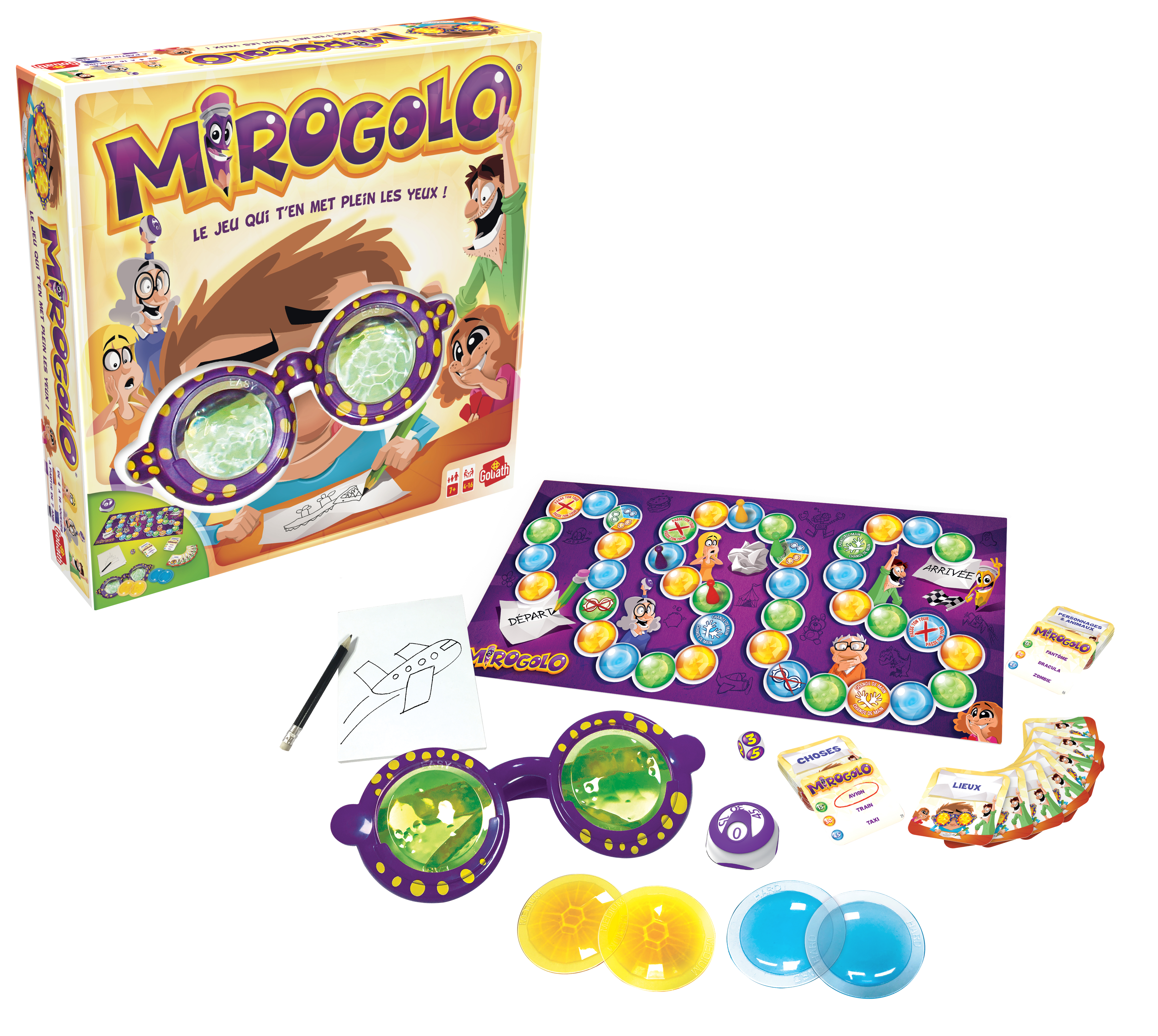 Een bordspel getiteld Mirogolo. Bevat bord, bril, kaarten, dobbelstenen en speelstukken.