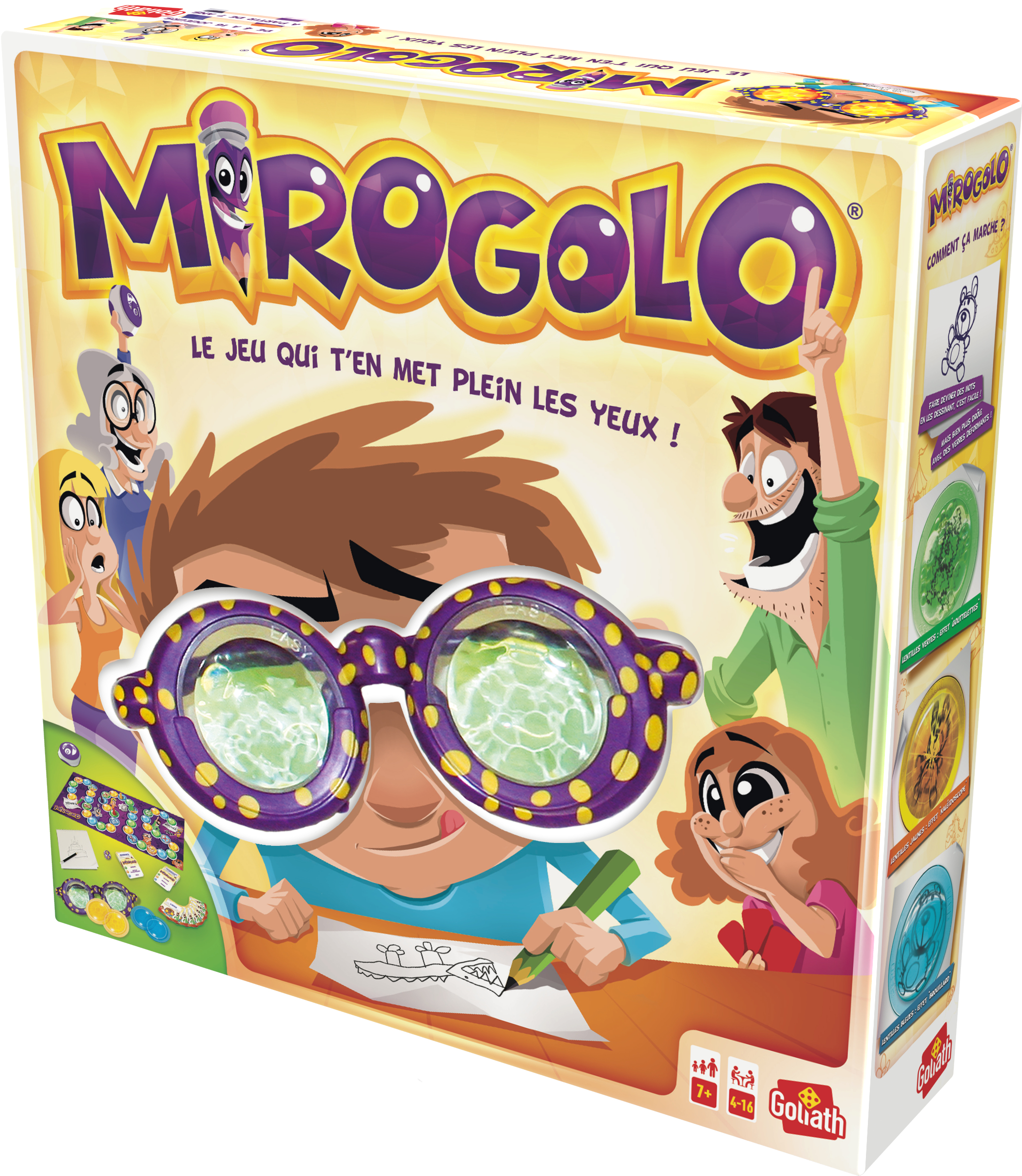 Miragolo bordspeldoos. Een jongen met een bril tekent. Andere mensen kijken verbaasd naar de tekening.