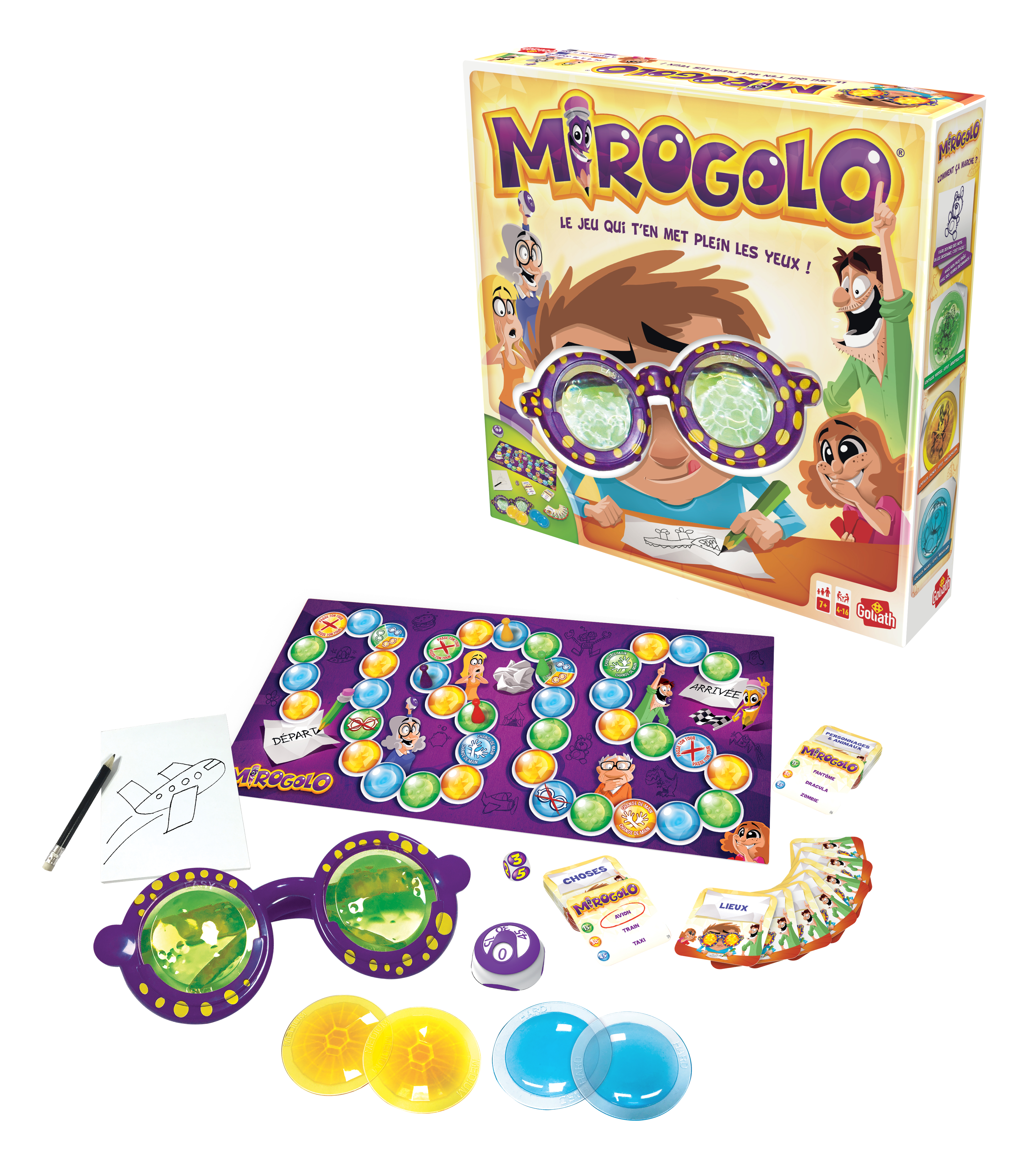 Een bordspel genaamd Mirogolo met spelstukken en een doos met cartoonkunst.