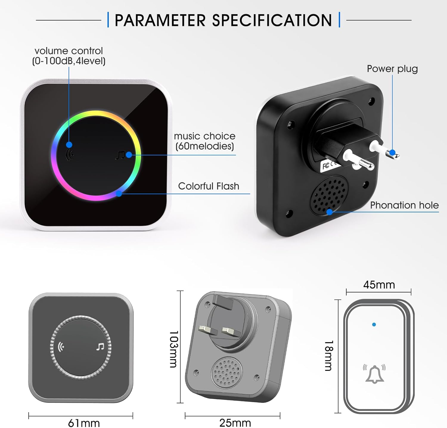Eine schwarze und silberne Türklingel mit Stecker und Parameterspezifikationen.