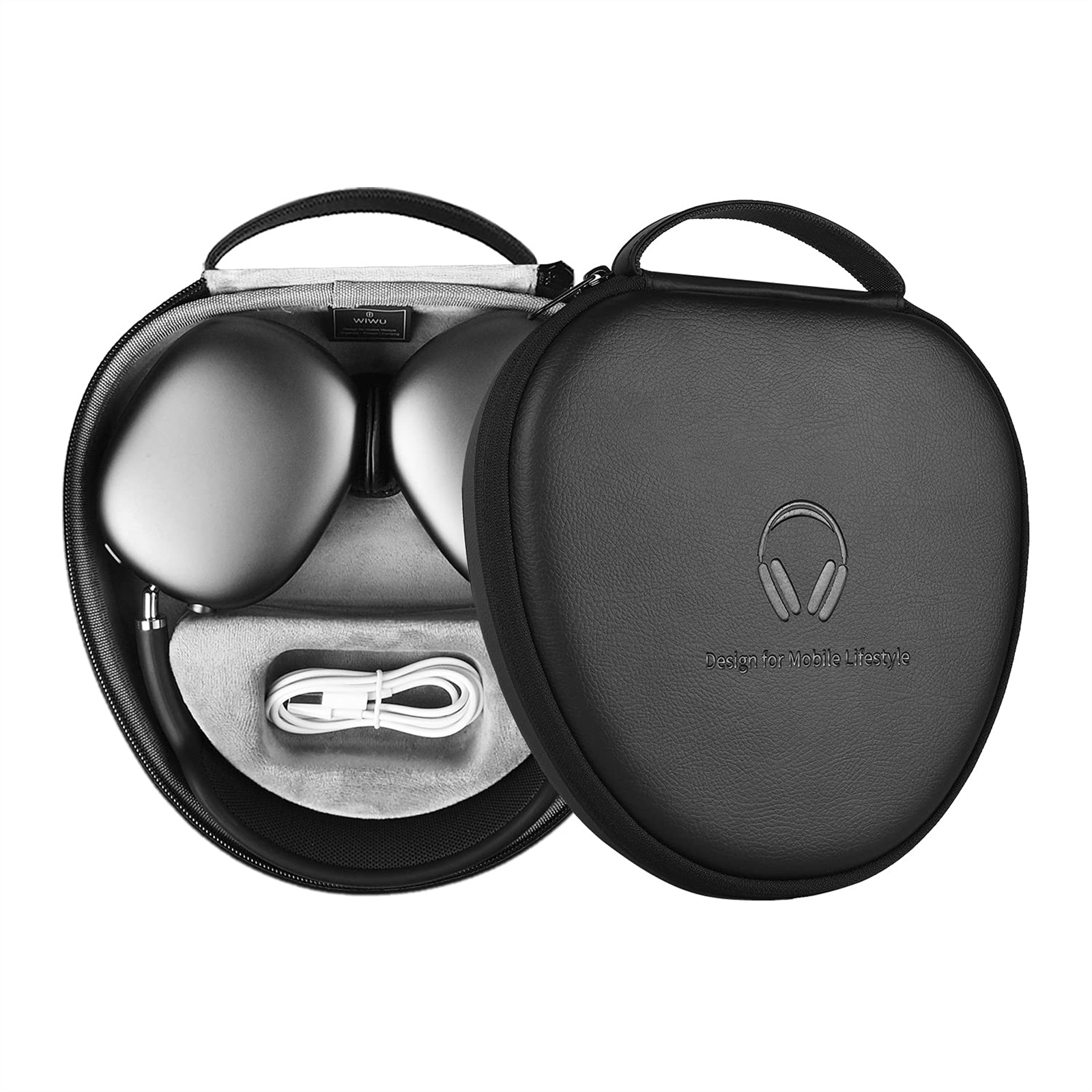 Kopfhörer in einem schwarzen Etui, mit Kabel und Design für den mobilen Lebensstil, auf weissem Hintergrund.