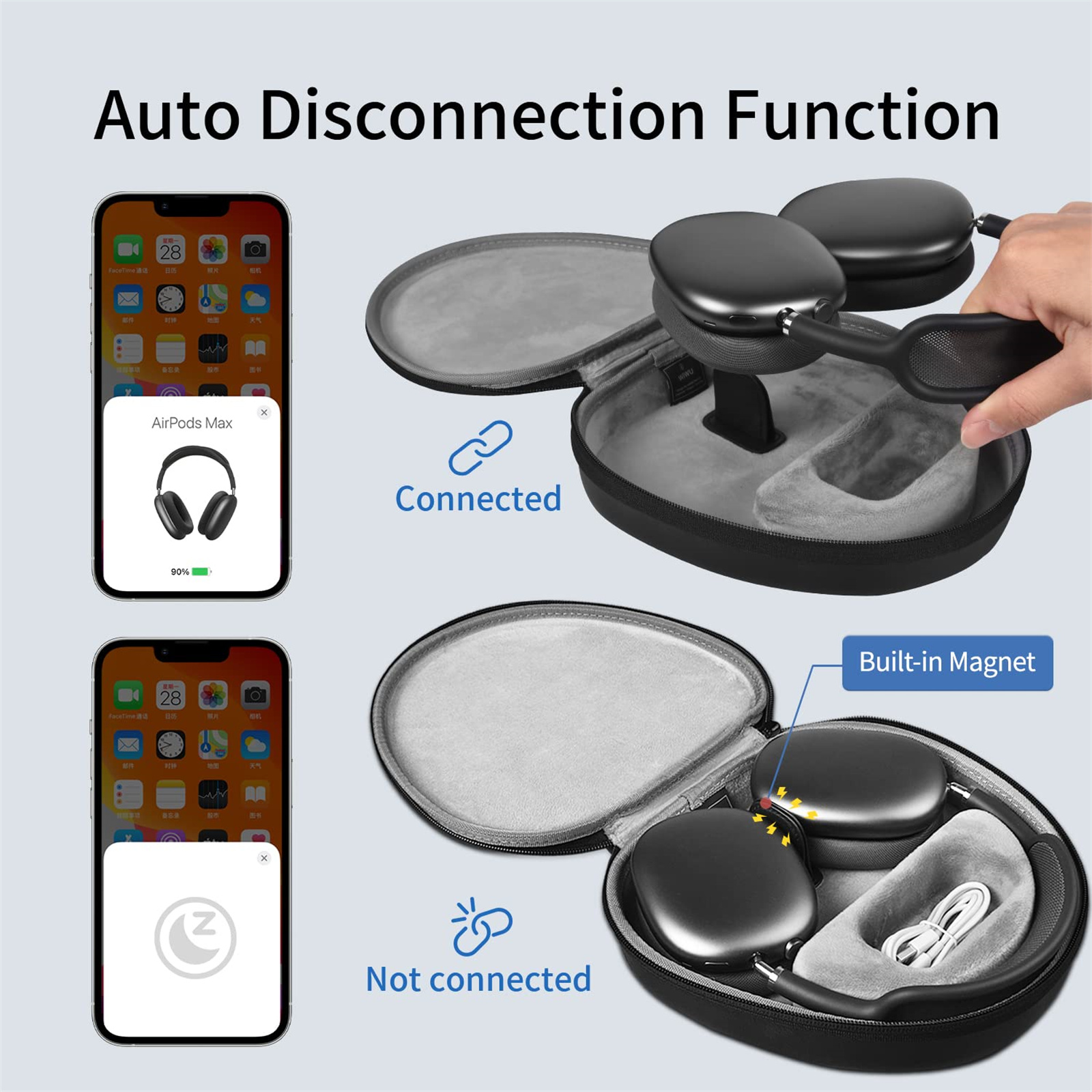 Zwei Telefone zeigen verbundene und getrennte AirPods Max. Hülle mit eingebautem Magneten, schwarzer Hintergrund.