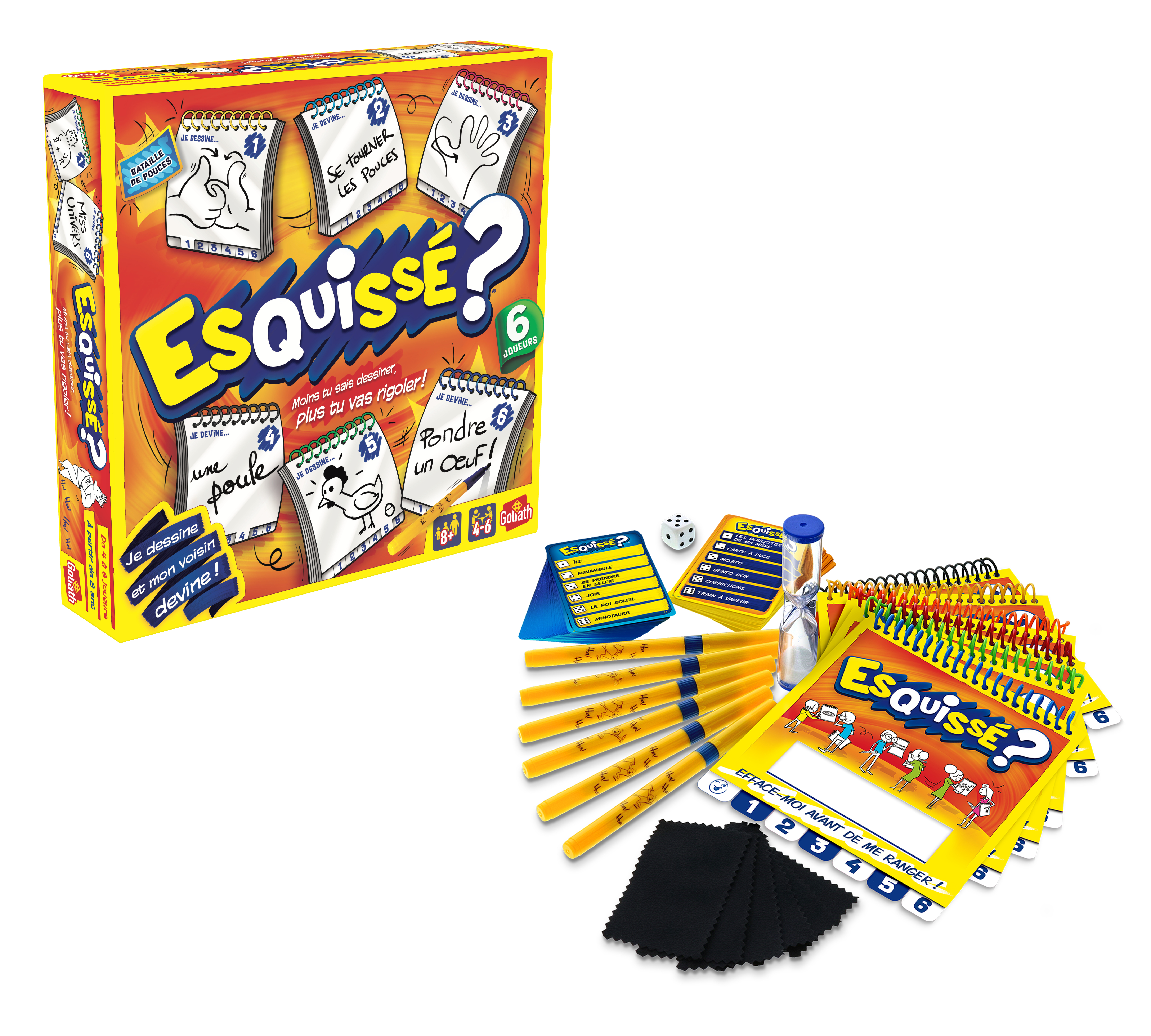 Gioco da tavolo 'Esquisse?' con componenti: carte, dadi, timer e blocchi per disegnare, su una superficie bianca.
