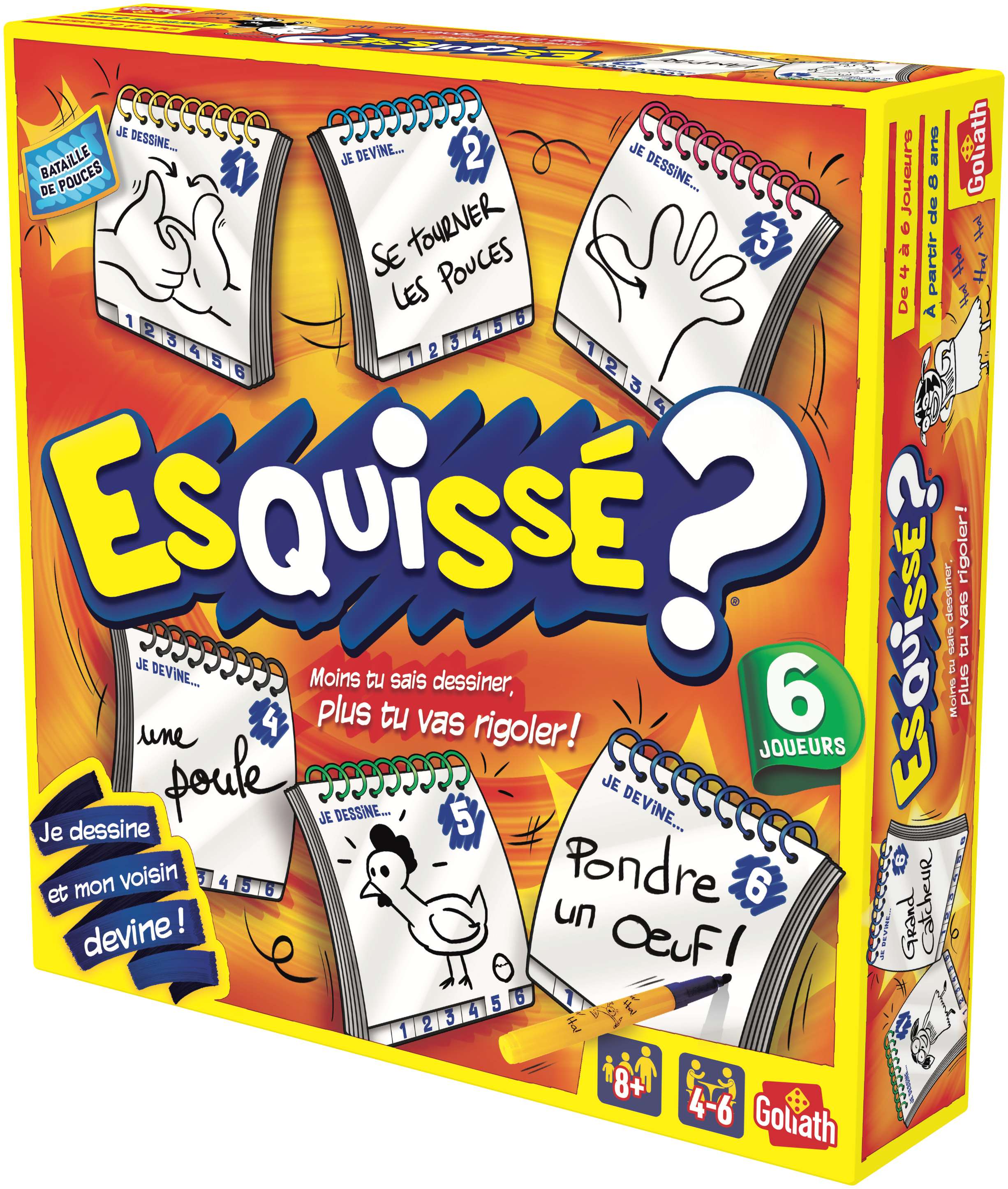 Scatola del gioco da tavolo intitolata 'Esquissé?' con disegni sulla copertina. Schema di colori giallo e rosso.