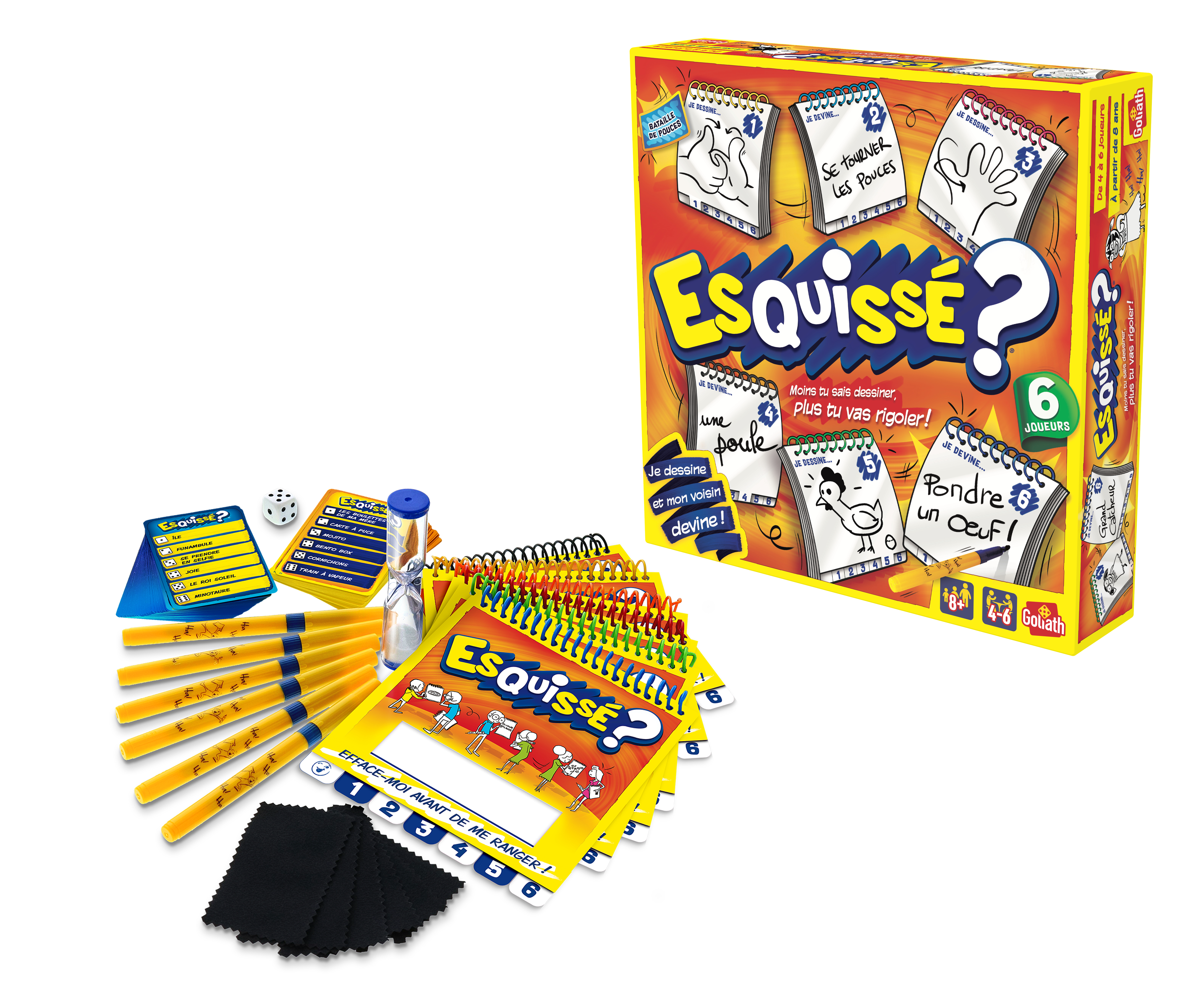 Scatola di gioco con suggerimenti di disegno e strumenti di schizzo. Include dadi, penne e un timer.