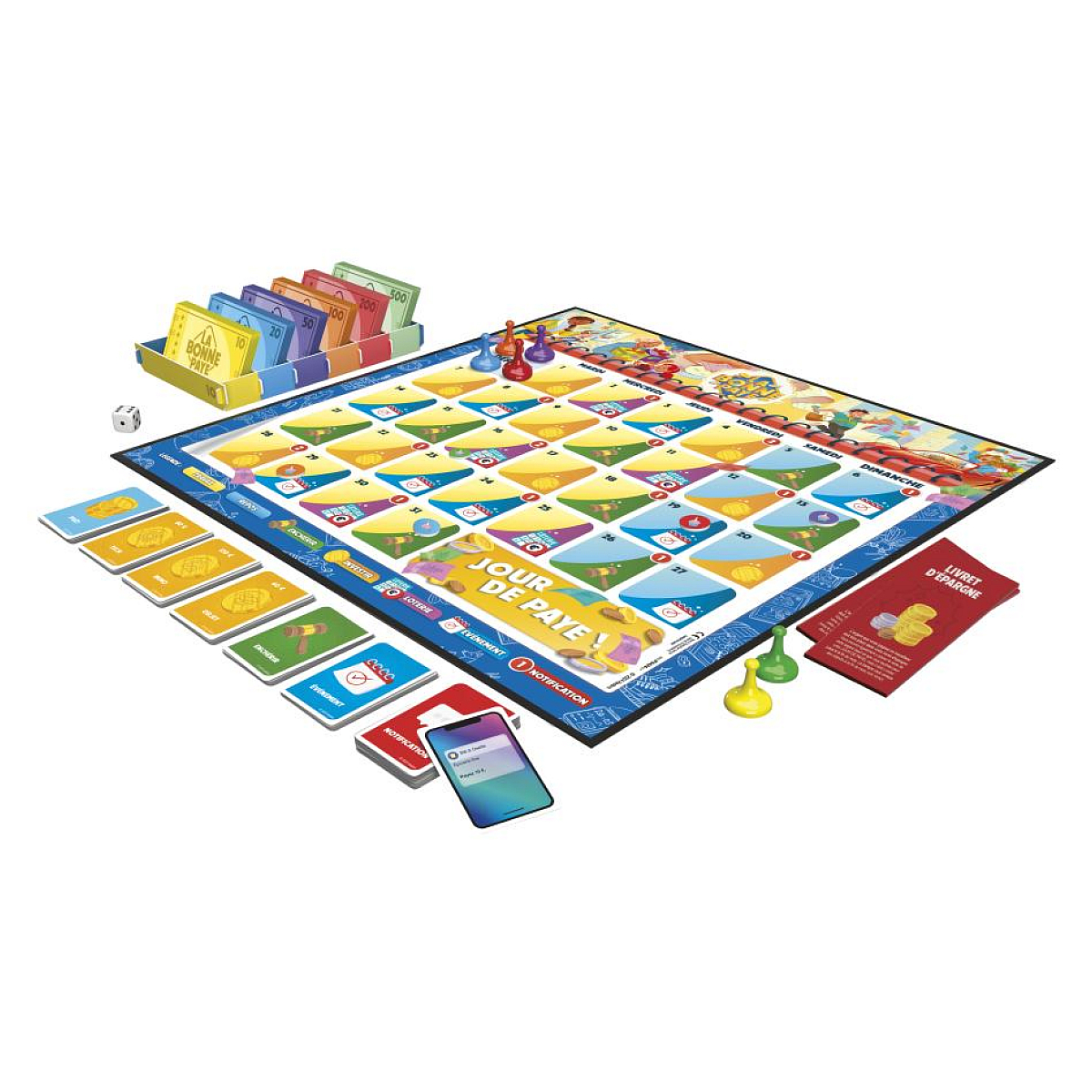 Brettspiel "Jour de Paye". Das Spielbrett ist von Geld, Karten und Spielfiguren umgeben.