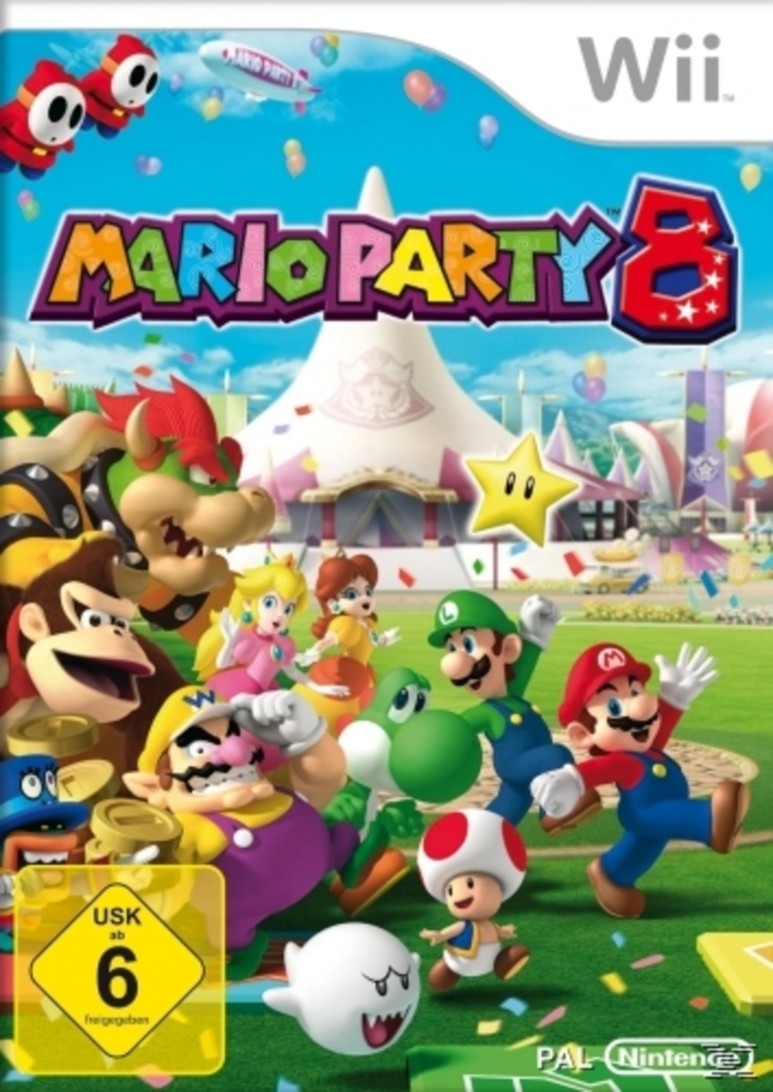 Copertina del gioco Mario Party 8 Wii. Personaggi di Mario, Peach e altri. Sfondo colorato.