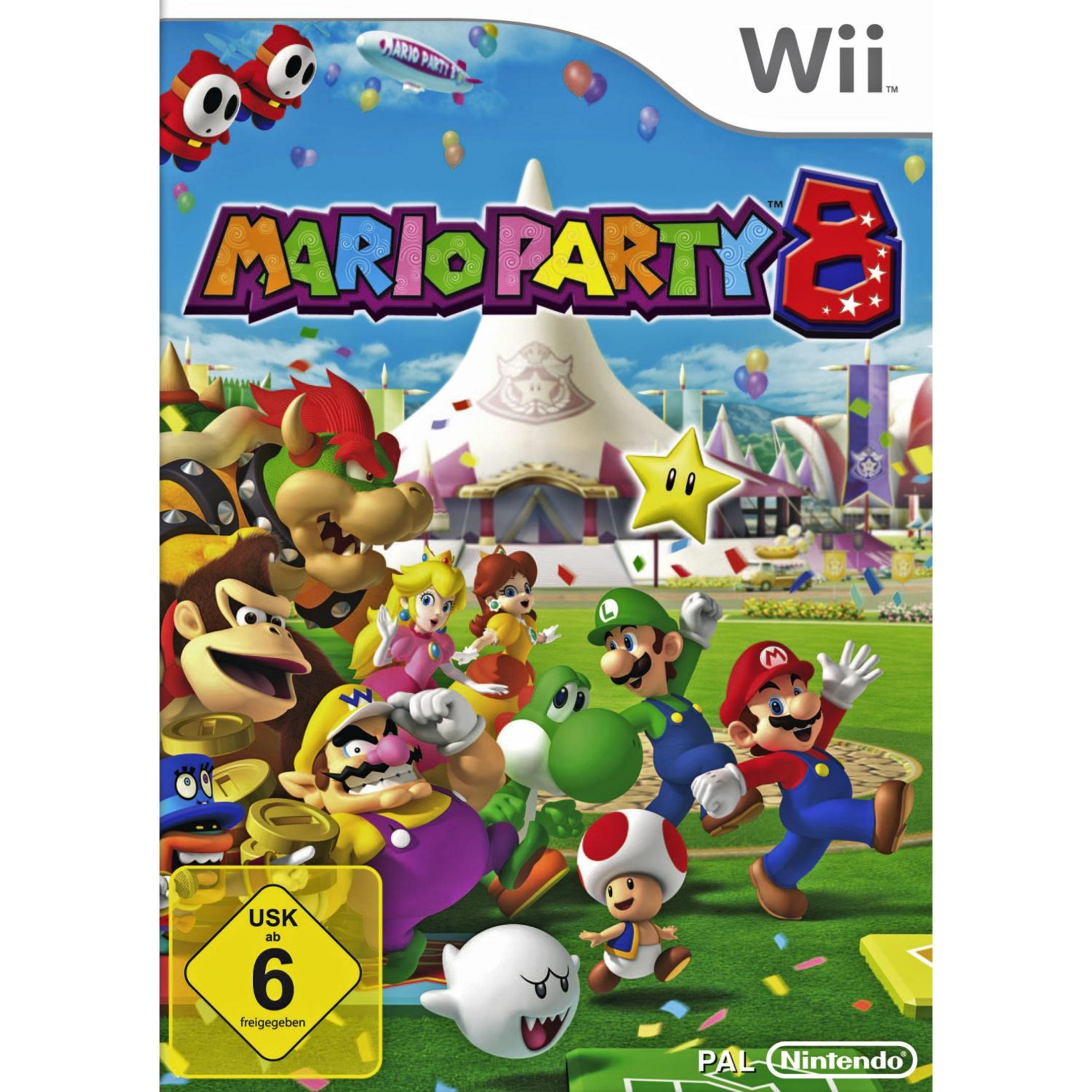 La copertina del gioco Wii Mario Party 8 con più personaggi.