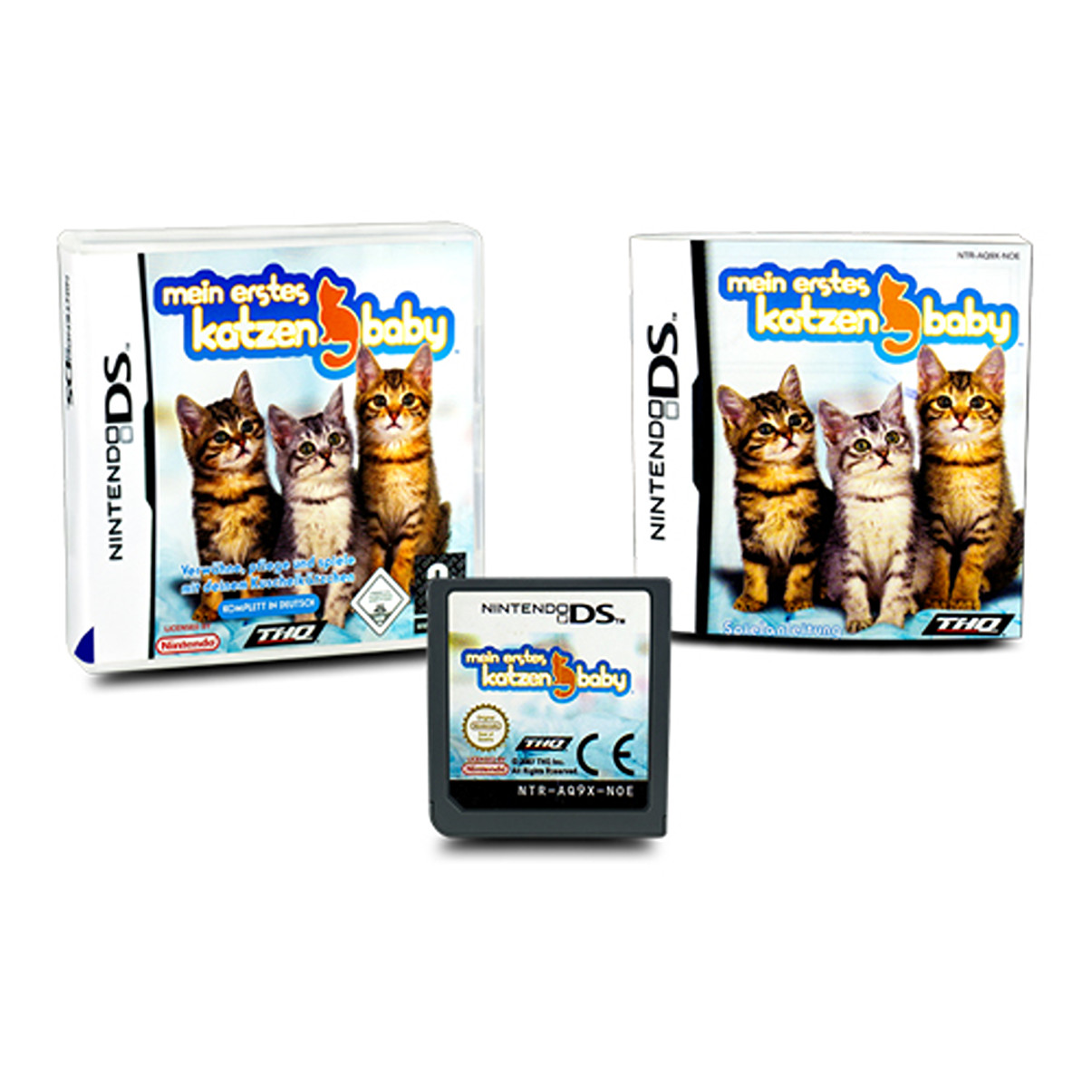 Cartucce e scatole di giochi Nintendo DS. Le scatole presentano immagini di gattini. Sfondo bianco.