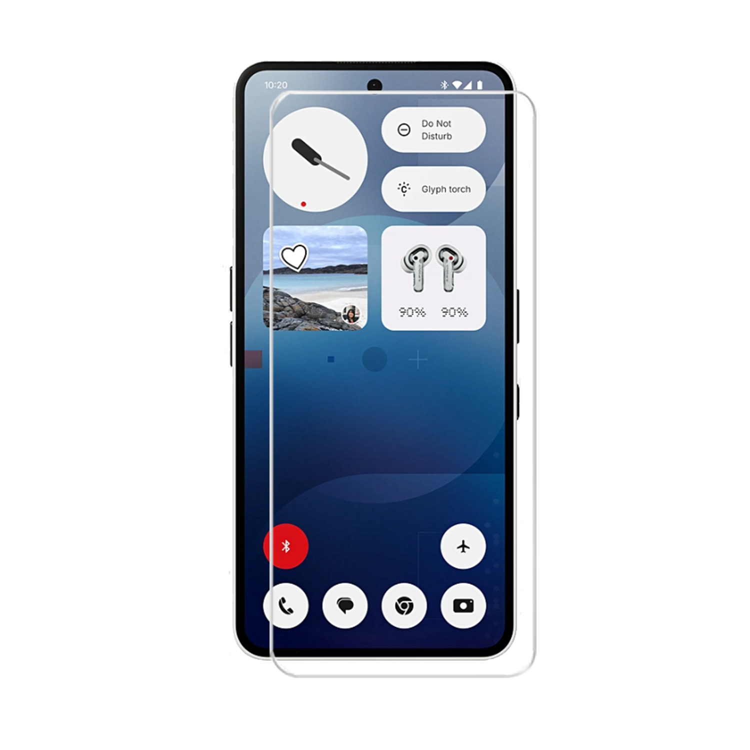 Téléphone avec protecteur d'écran affichant des icônes et l'heure.