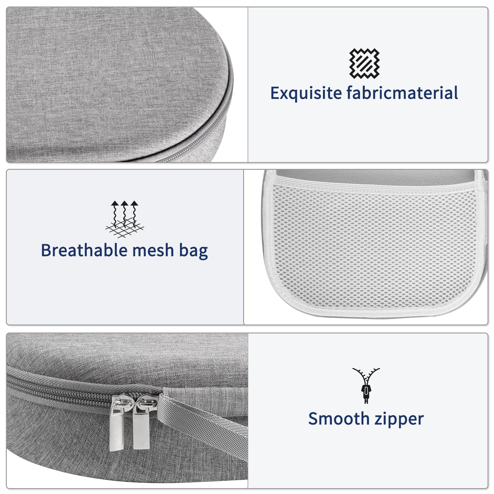 Graues Stoffetui mit Reißverschluss und Netztasche. Text: Exquisites Stoffmaterial, glatter Reißverschluss, atmungsaktive Netztasche.