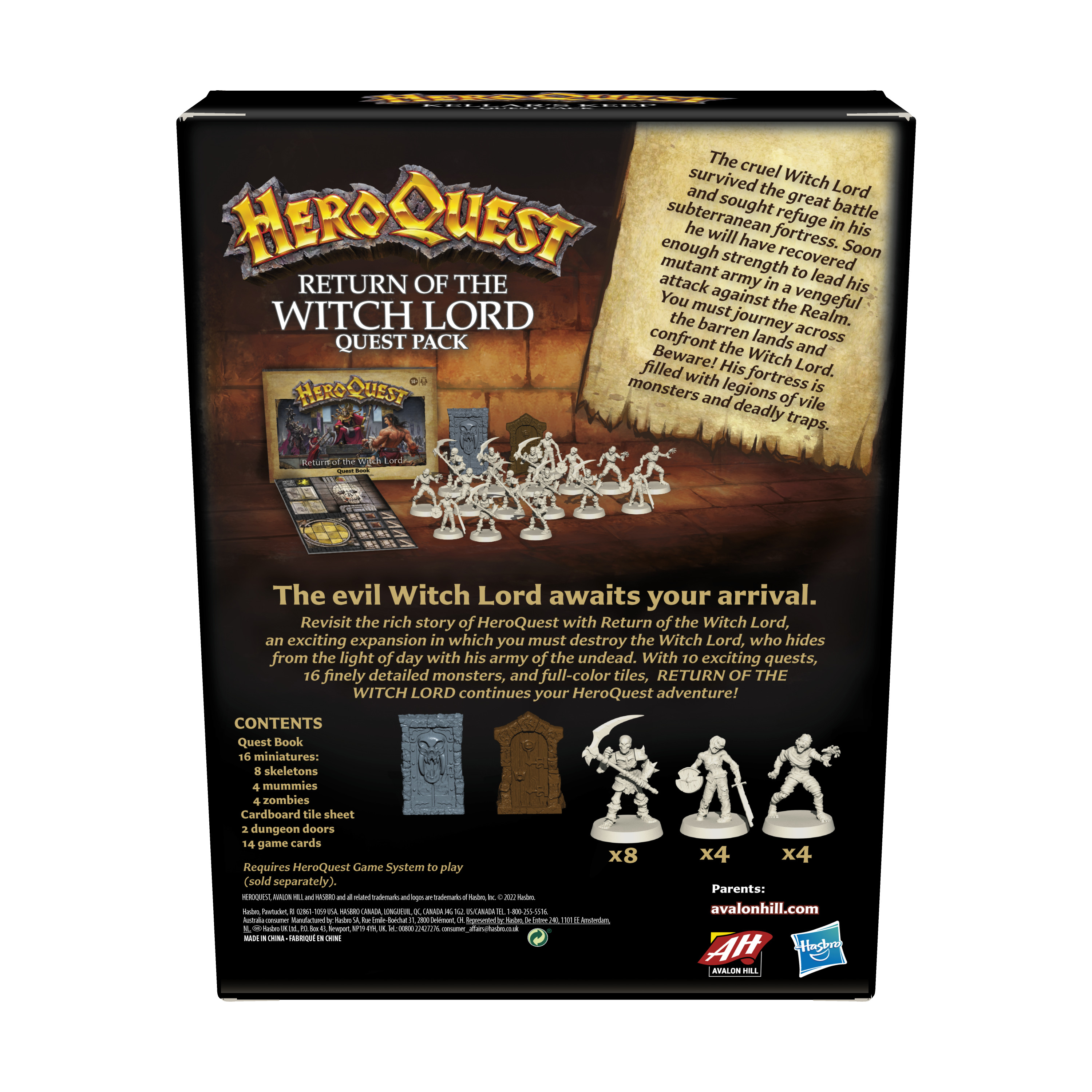 HeroQuest Spielbox mit Spielteilen. Die Box hat Text und Bilder des Spiels.