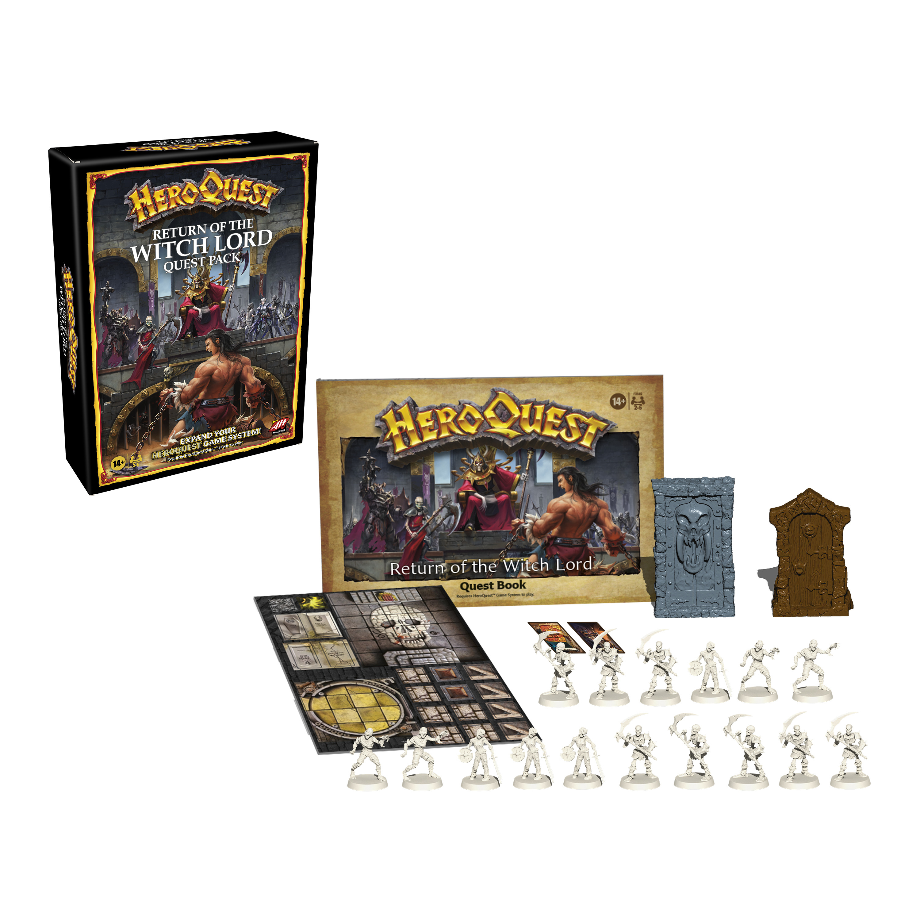 Box-Brettspiel-Set mit dem Titel 'HeroQuest'. Enthält Spielsteine, Karten und ein Spielbrett.