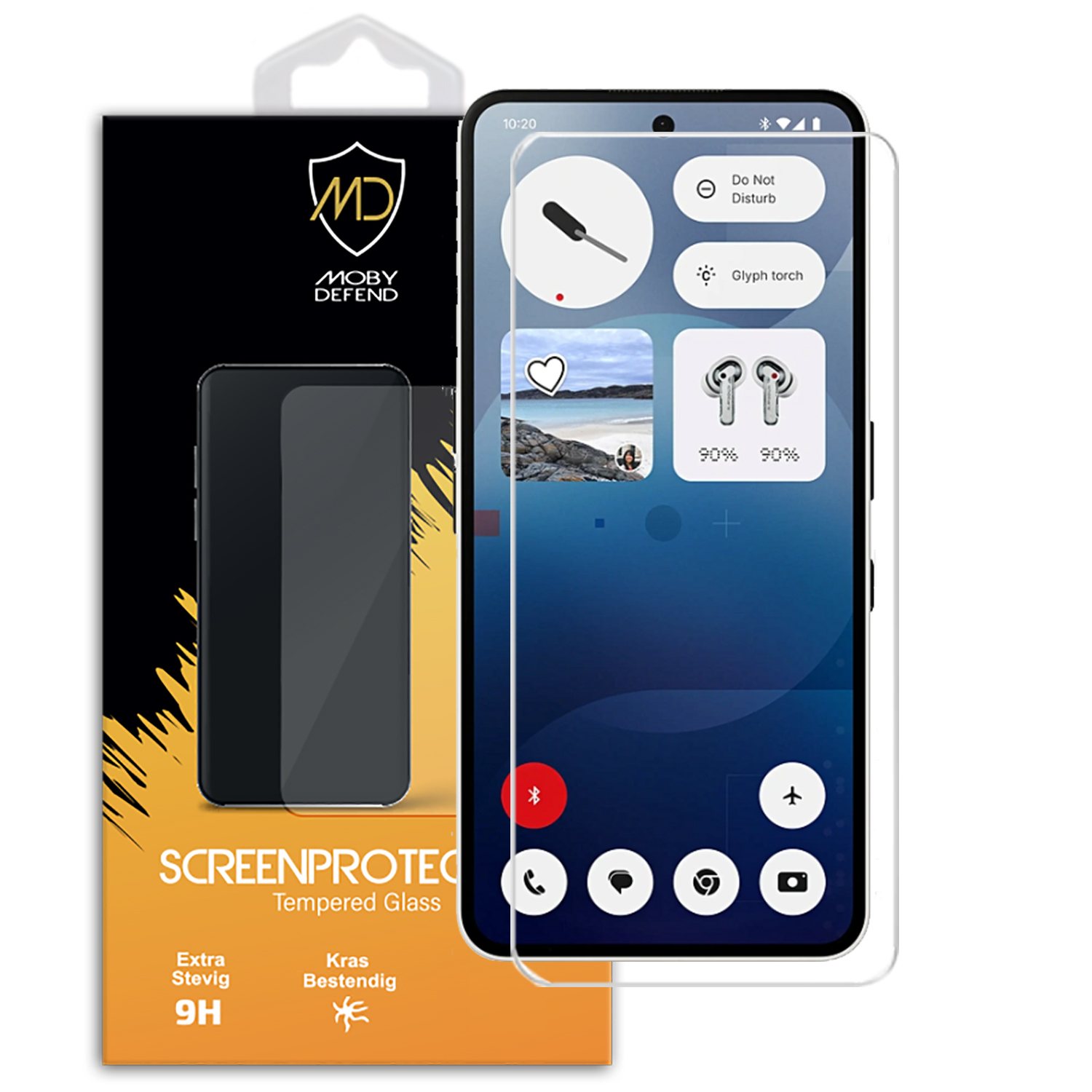 Protecteur d'écran de téléphone dans une boîte avec un téléphone et des icônes. Texte: 'Screenprotector'.