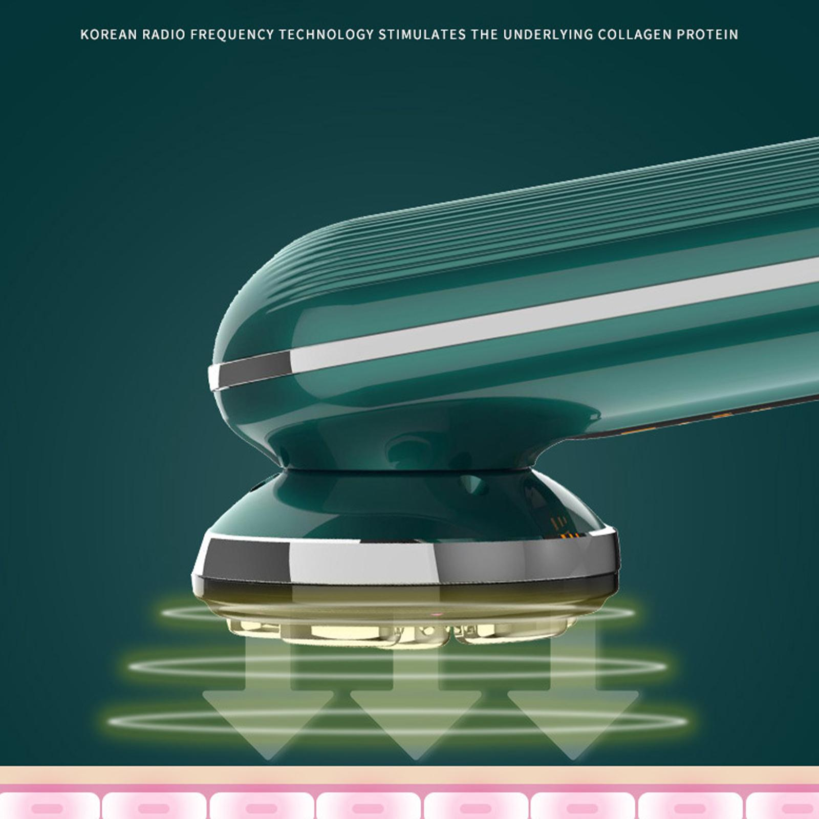 Ein grünes Schönheitsgerät mit Pfeilen, die Energiewellen anzeigen. Der Text lautet "Koreanische Hochfrequenztechnologie".