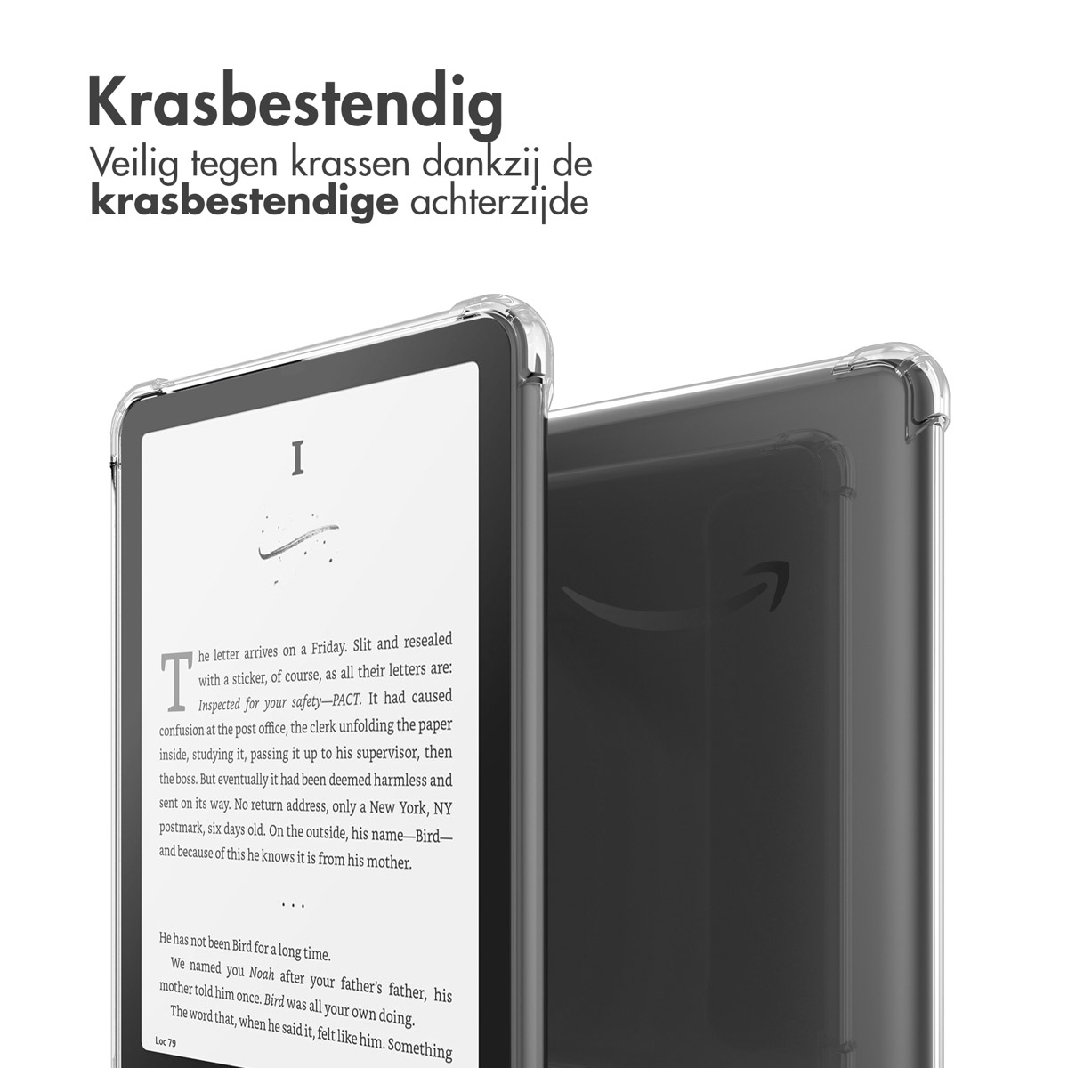 Deux étuis de tablette transparents, un avec tablette, texte en néerlandais : 'Résistant aux rayures'.