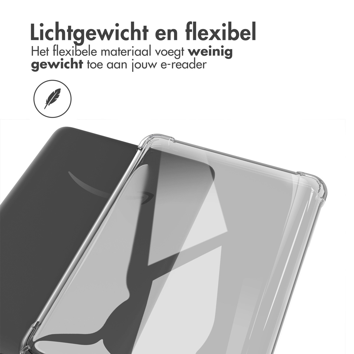 Coque de téléphone transparente sur un téléphone gris, avec le texte 'Légère et flexible' en néerlandais.