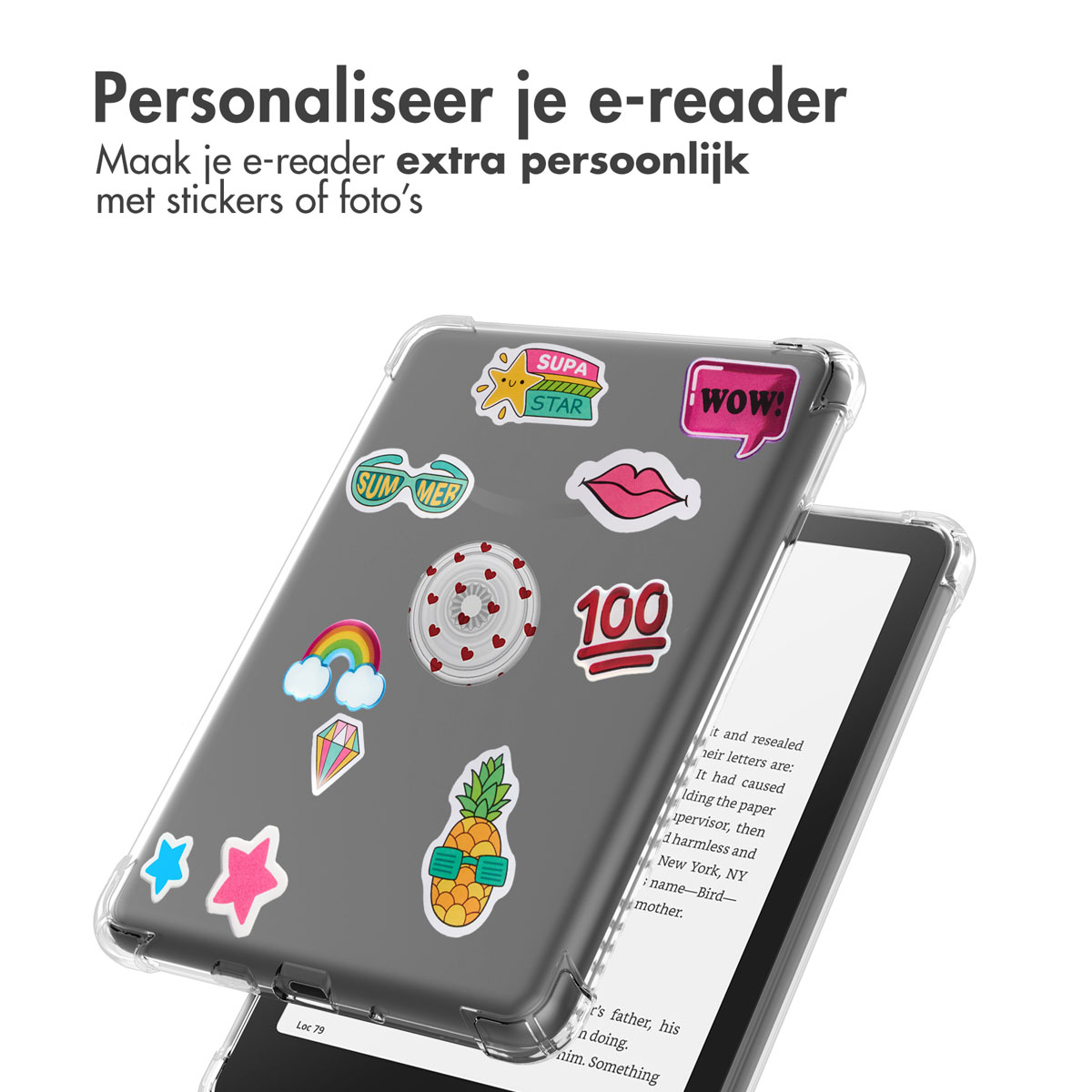 Liseuse avec autocollants sur une coque transparente. Texte au-dessus : 'Personnalisez votre liseuse'. Fond blanc.
