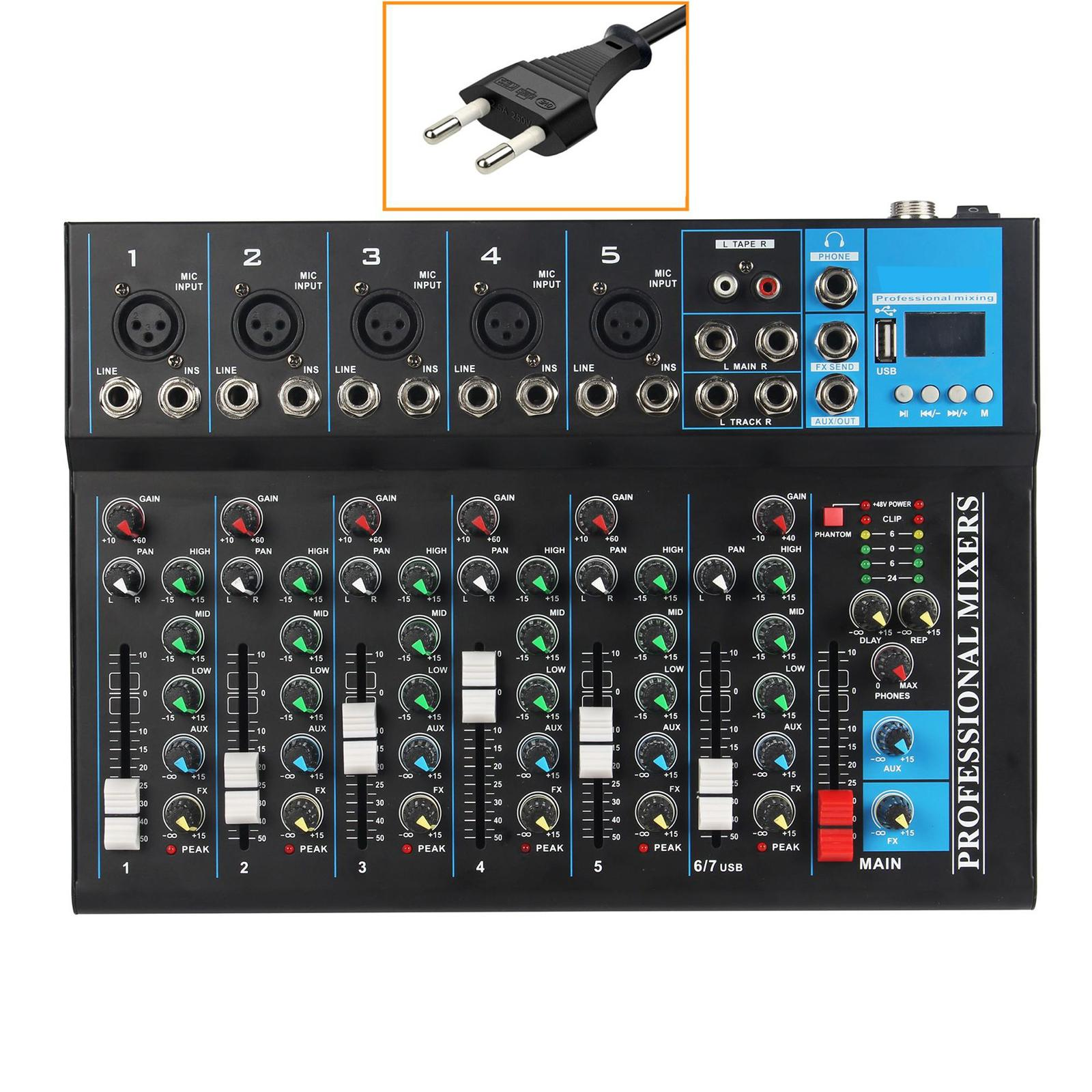 Ein schwarzer Audiomixer mit Knöpfen und Eingängen. Ein Netzstecker ist ebenfalls abgebildet.
