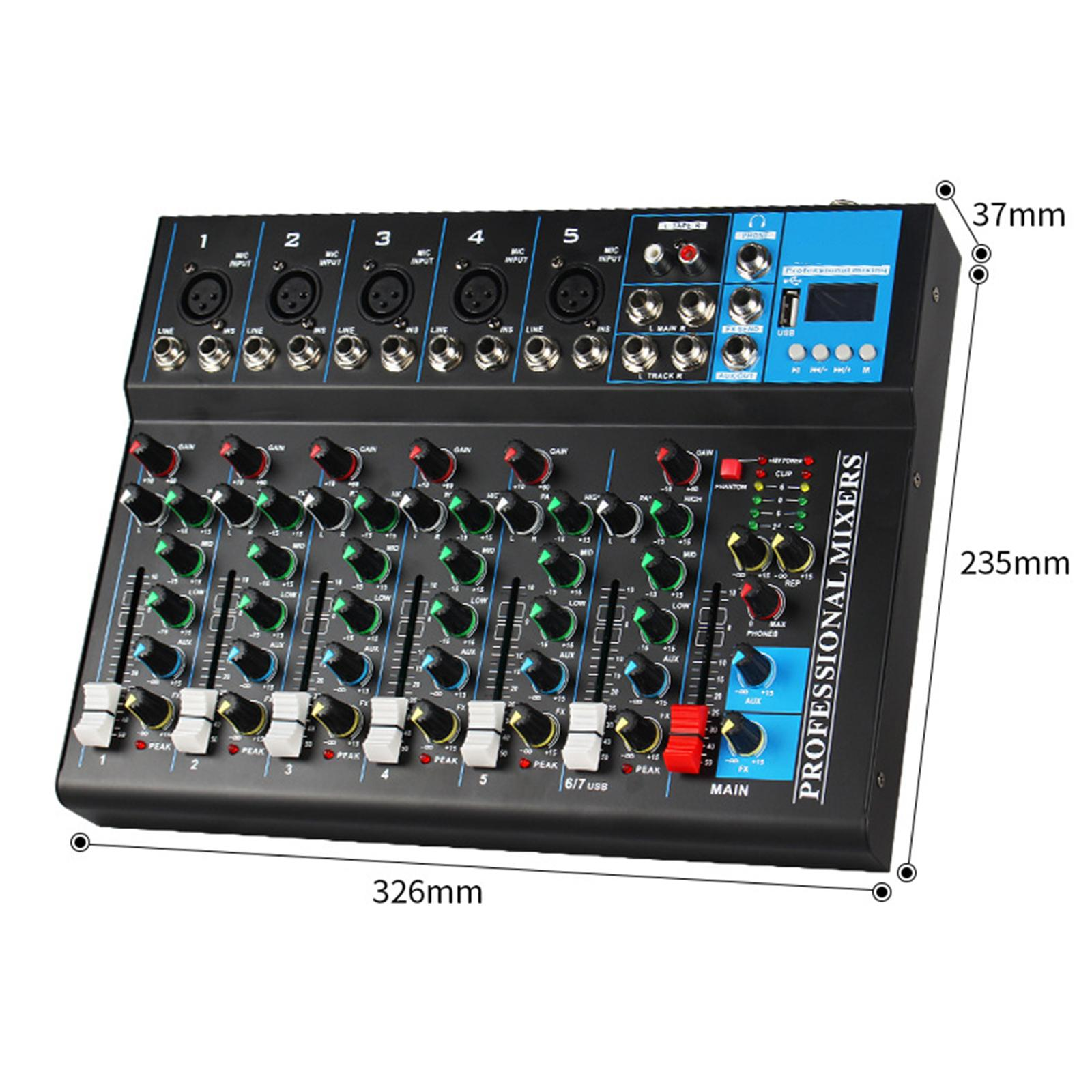 Schwarzer und blauer professioneller Mixer mit mehreren Schiebereglern, Knöpfen und Eingängen. Misst 326x235x37mm.