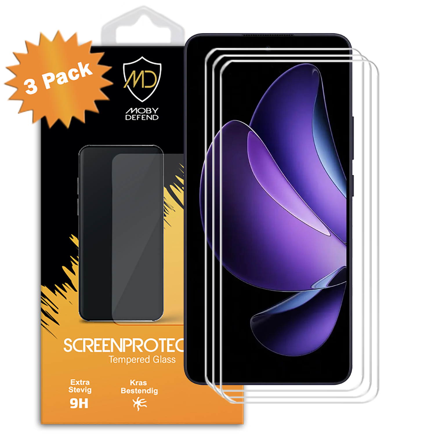 Un téléphone avec protections d'écran dans une boîte. Protections transparentes avec téléphone violet.