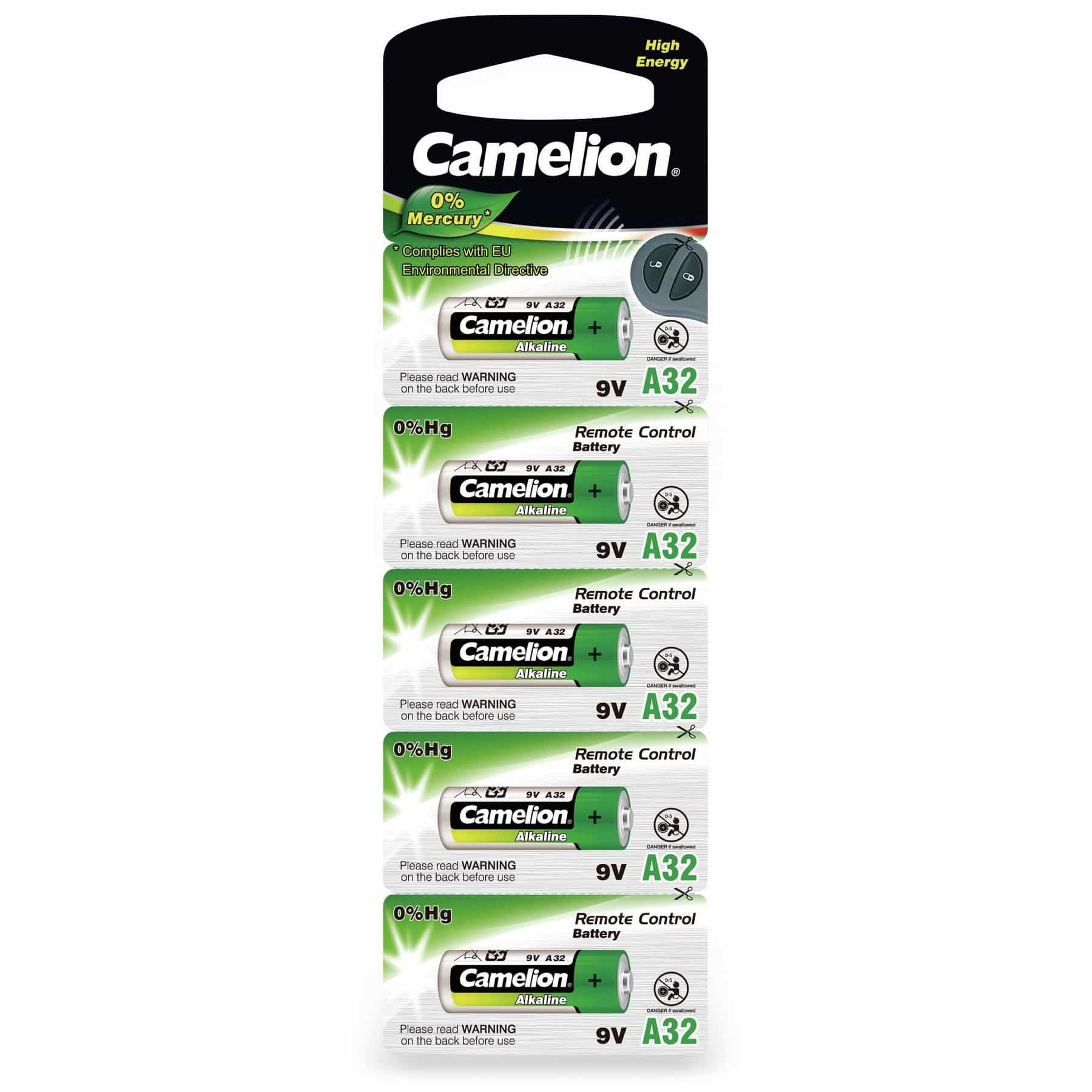 Confezione di batterie Camelion. Confezione nera e verde, con etichette 9V A32.