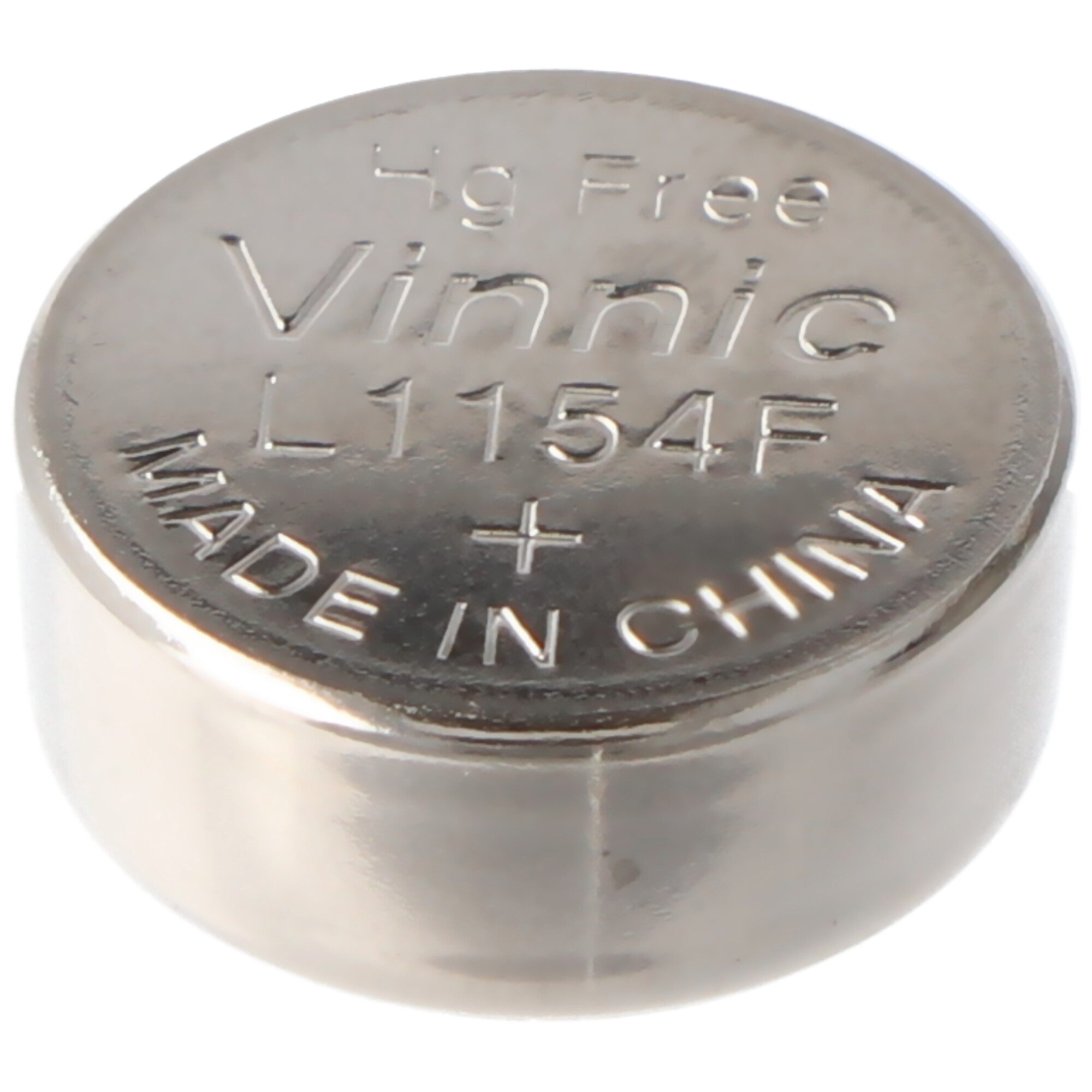 Pila a bottone argentata con testo: 'Vinnic L1154F MADE IN CHINA'.