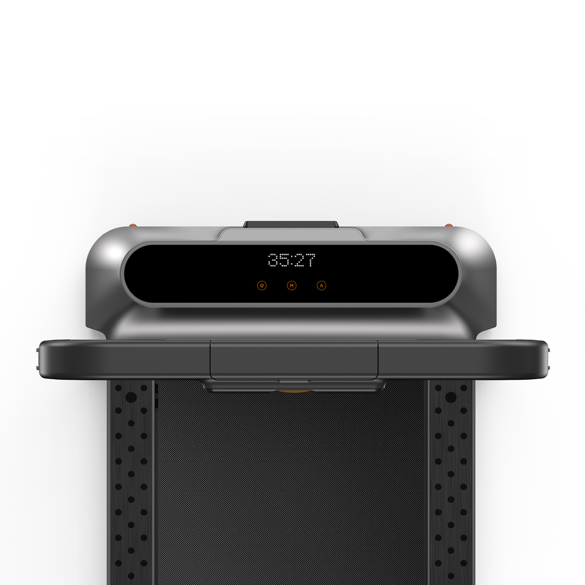Ein Laufband-Bedienfeld mit digitaler Zeitanzeige, graues und schwarzes Design.