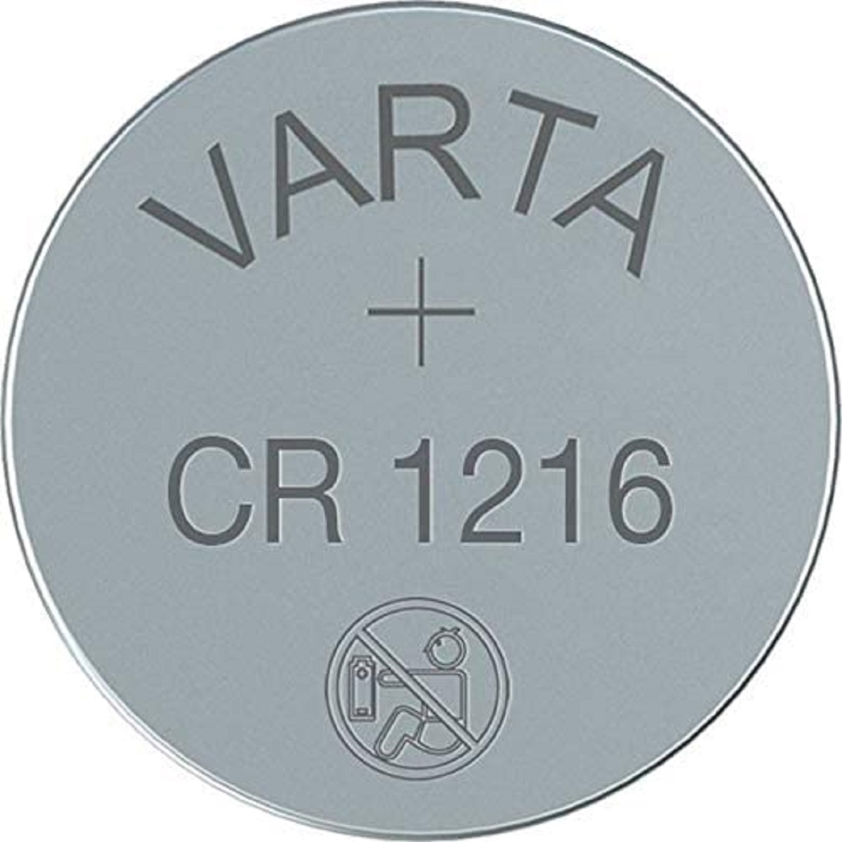 Srebrna bateria pastylkowa Varta CR 1216. Ze znakiem plus i symbolem zakazu użytkowania przez niepełnosprawnych.