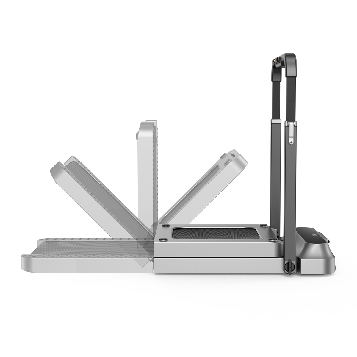 Laufband in verschiedenen Faltpositionen. Es ist grau, mit schwarzer Lauffläche und orangefarbenen Akzenten.