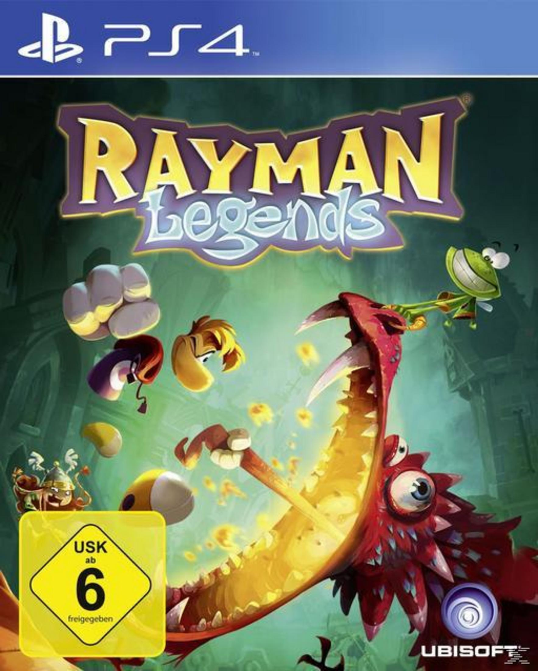 Rayman Legends PS4-Spielcover. Zeigt Rayman mit einem Frosch, einem Drachen und dem Spieletitel.
