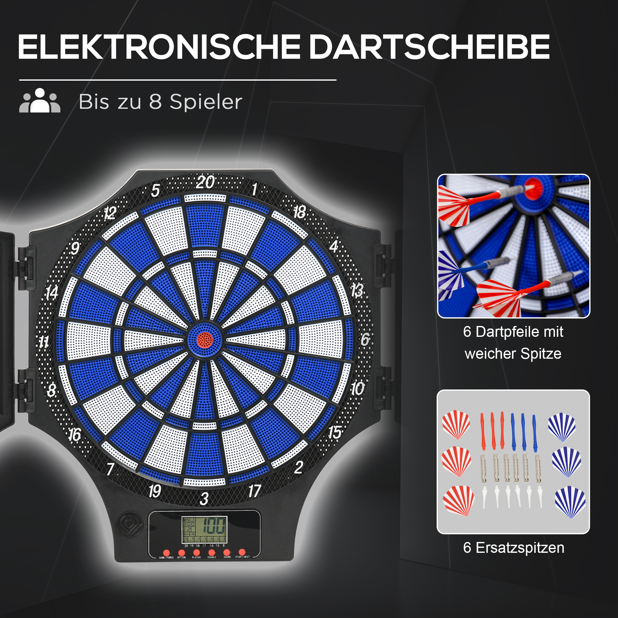 Elektronische Dartscheibe mit blau-weißem Ziel. Enthält Darts, Ersatzspitzen und Text auf Deutsch.