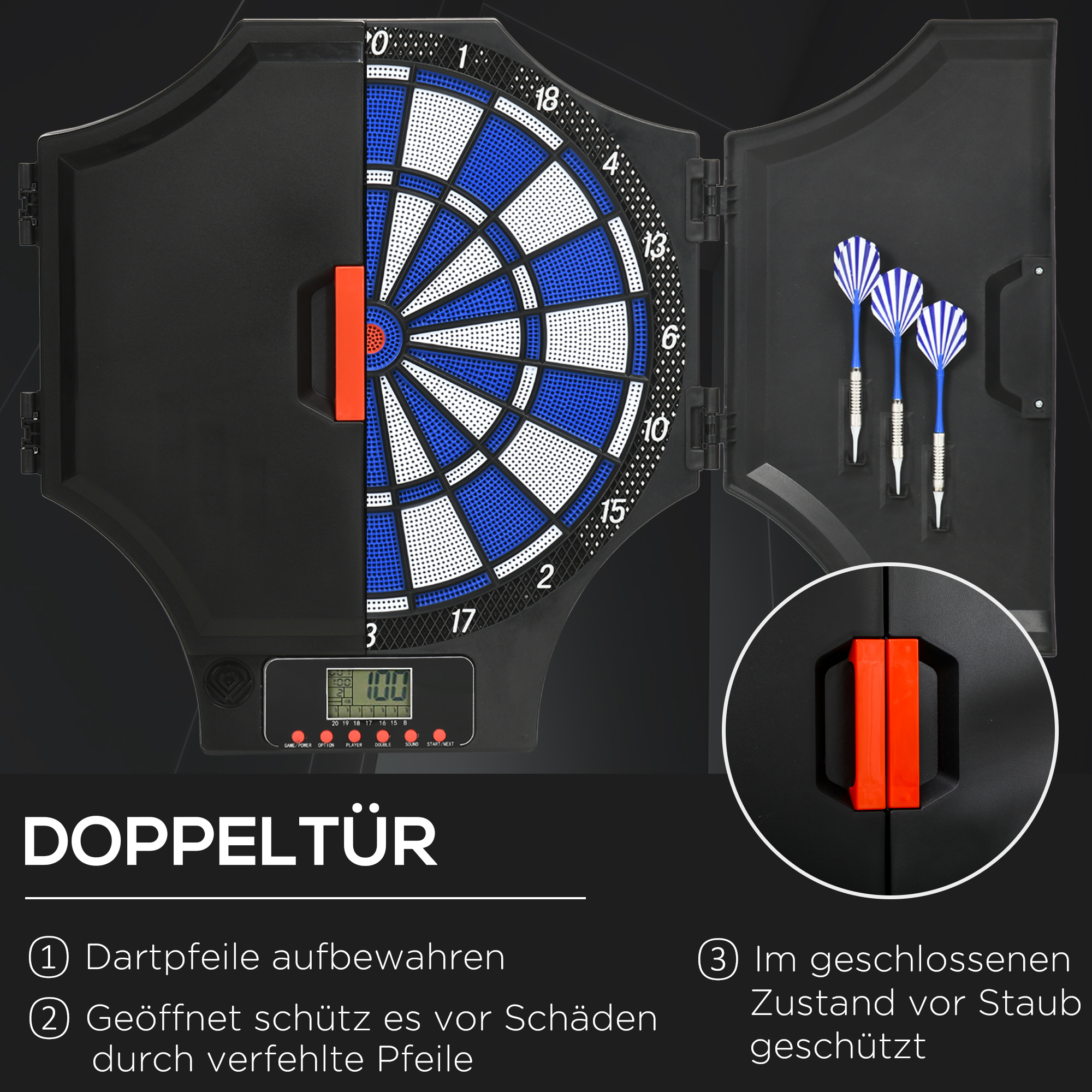 Eine Dartscheibe mit Darts und einem Bedienfeld. Der Text unten ist auf Deutsch.