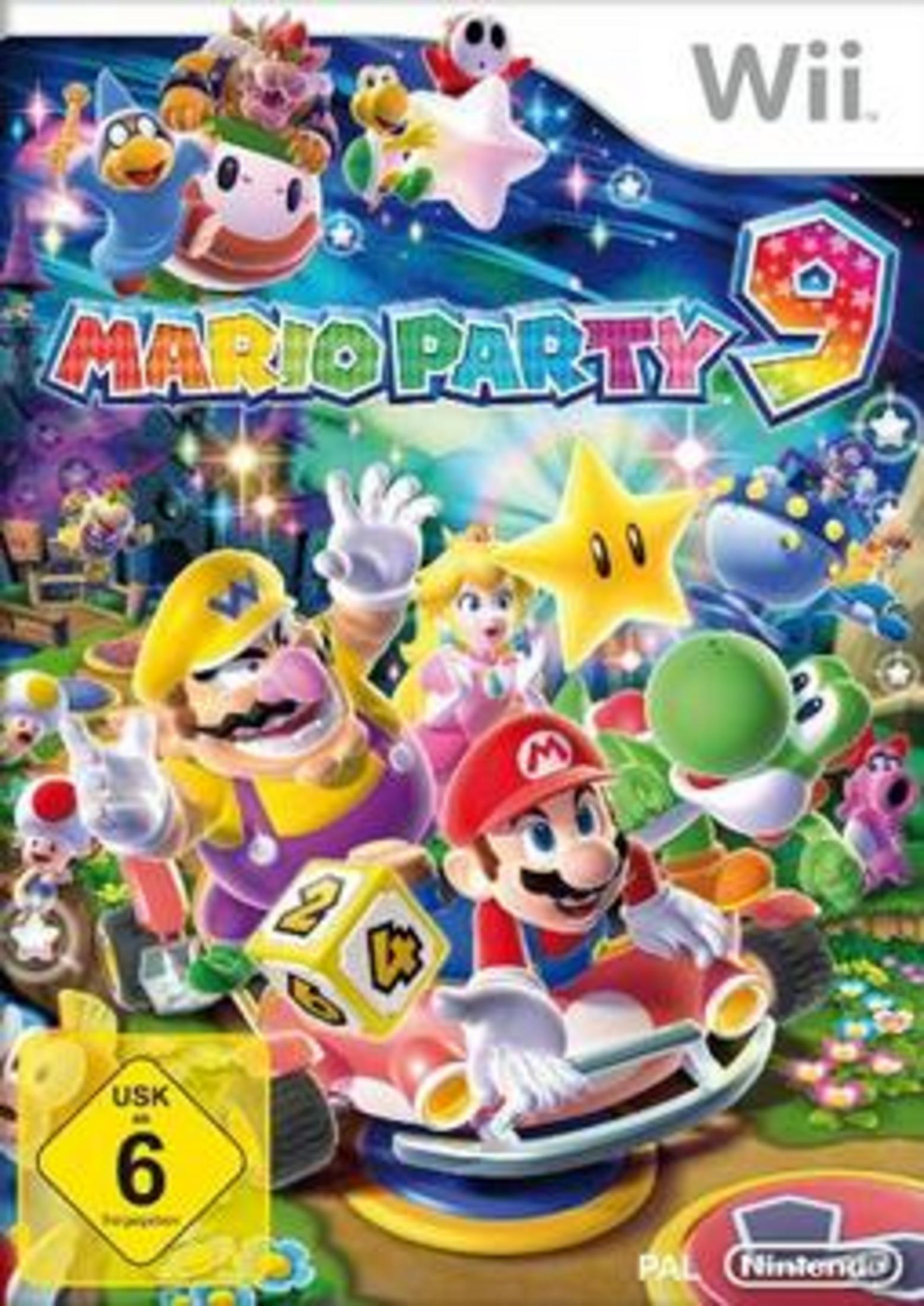 Mario Party 9-Spielcover mit Mario und Freunden in einem Auto. USK 6 Logo.