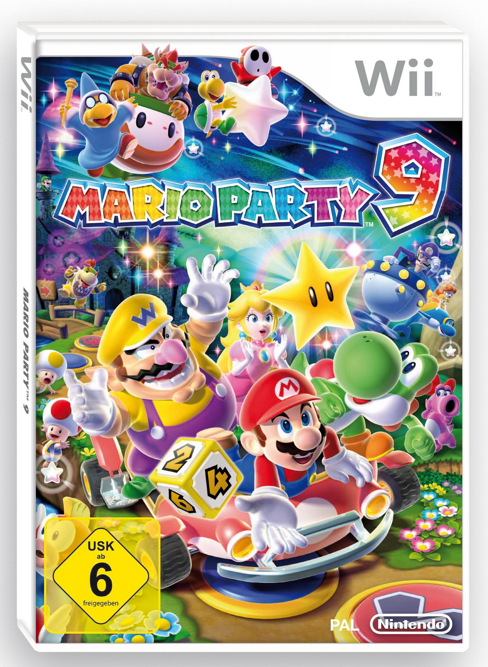 Eine Wii-Spielbox von Mario Party 9. Mario und Freunde sind im Vordergrund auf buntem Hintergrund.