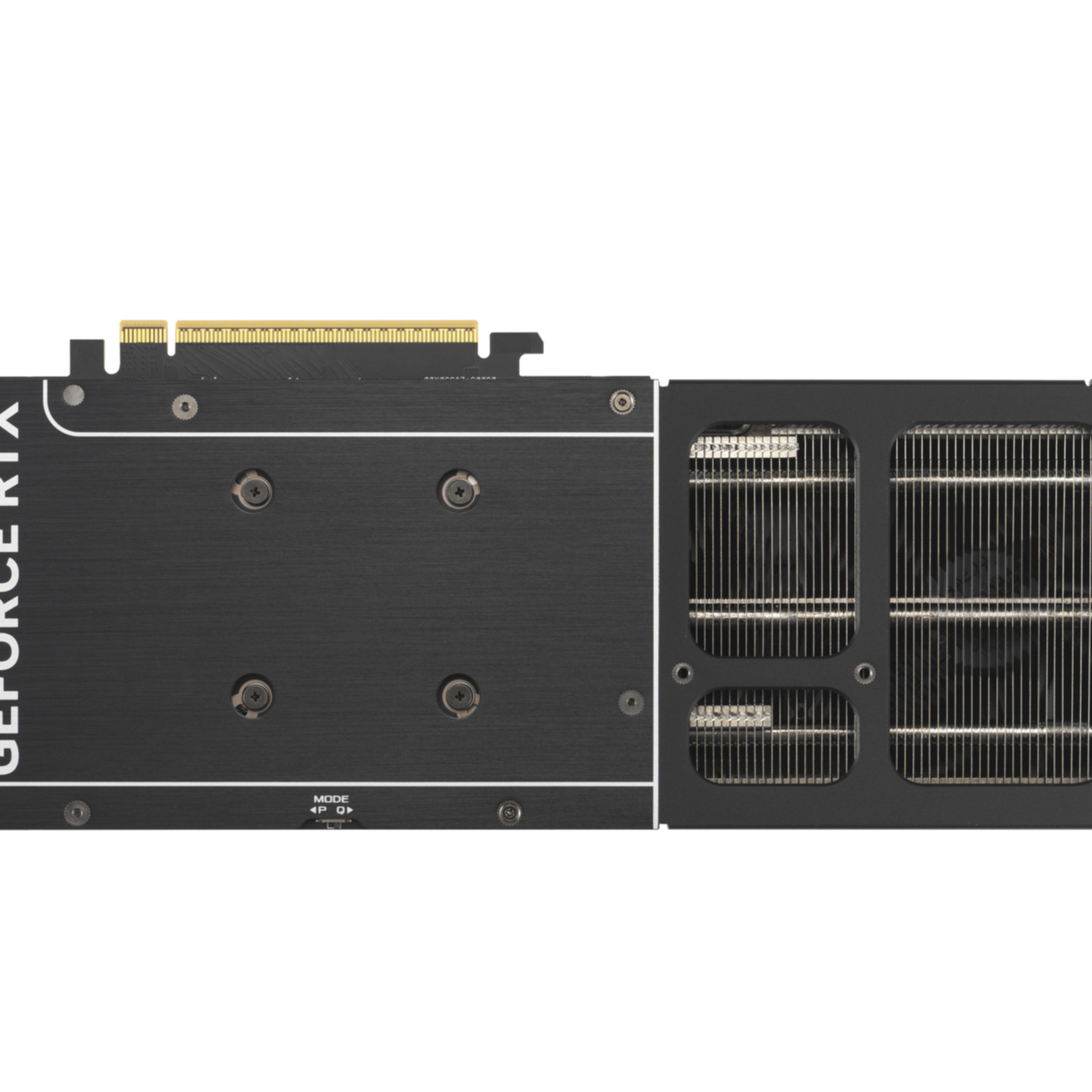 Zbliżenie karty graficznej. Karta jest czarna ze srebrnymi liniami i wentylatorem.