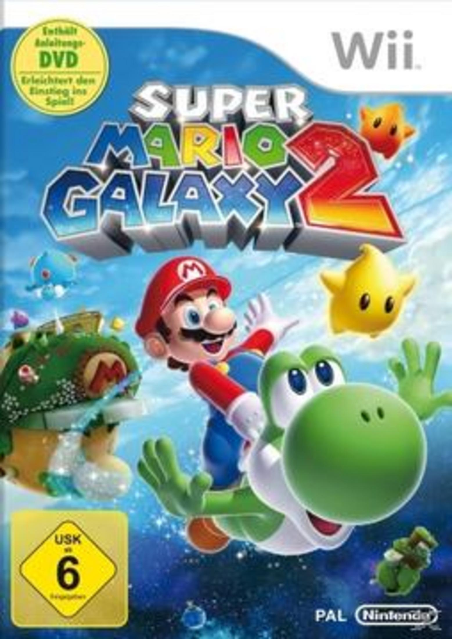 Super Mario Galaxy 2 Wii-Spielbox und Disc. Mario und Yoshi sind auf dem Cover.