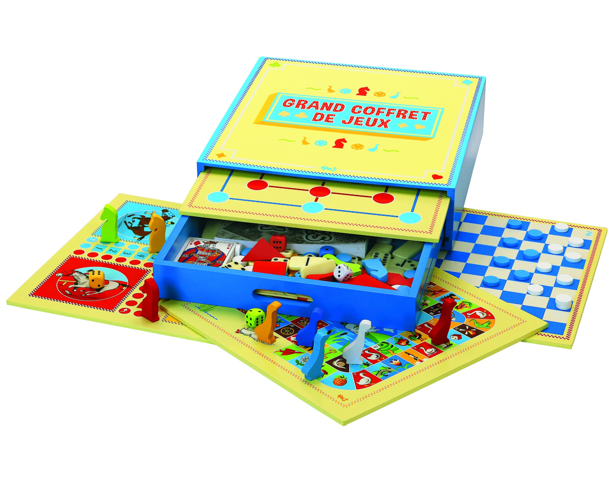 Een houten speldoos met diverse bordspelcomponenten eromheen gerangschikt.