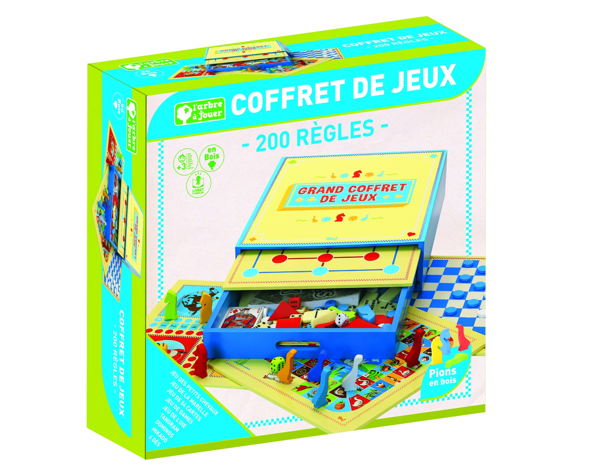 Een bordspeldoos met een blauwe lade en spelstukken, met Franse tekst op de doos.