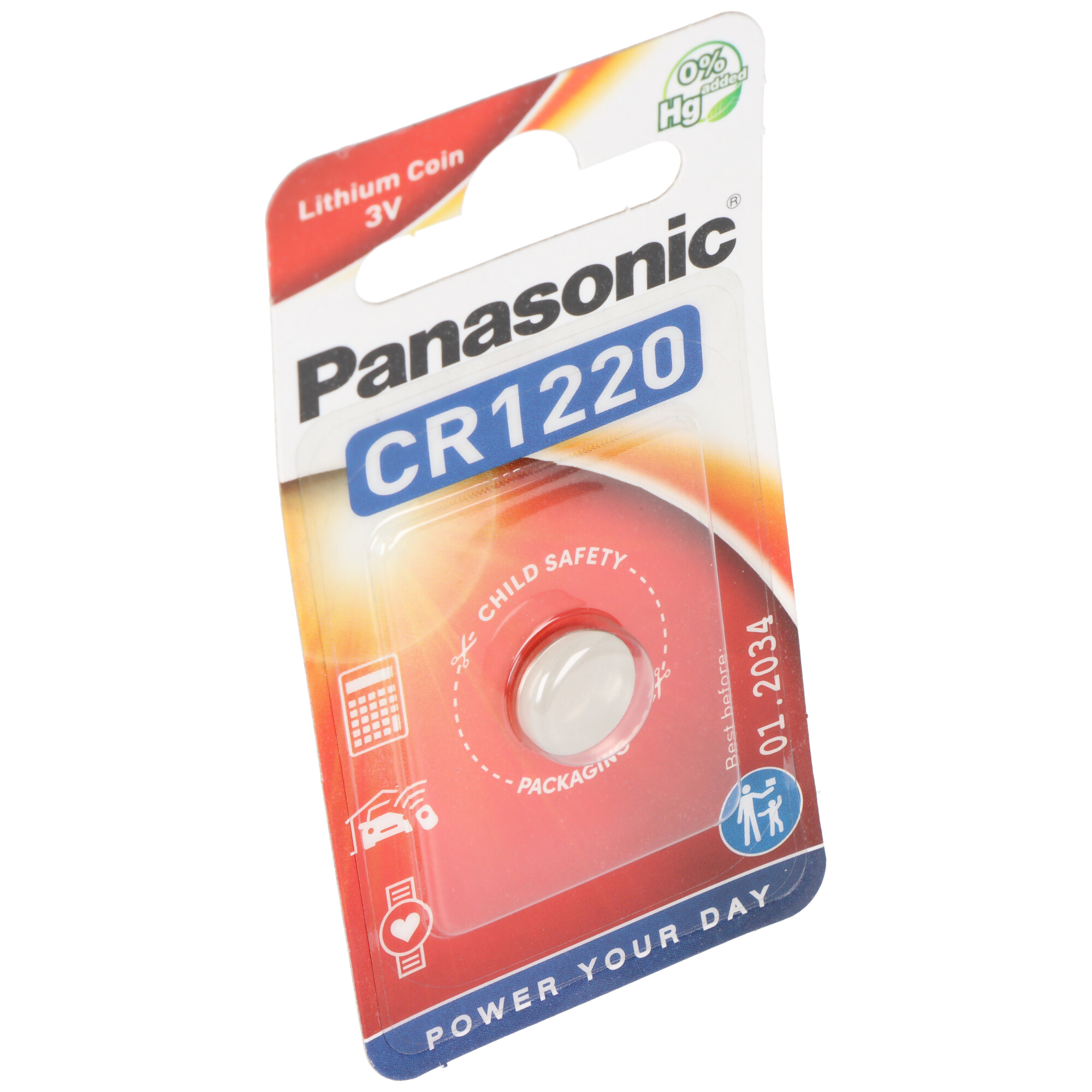 Panasonic CR1220 batterij in blisterverpakking, witte achtergrond. Close-up.