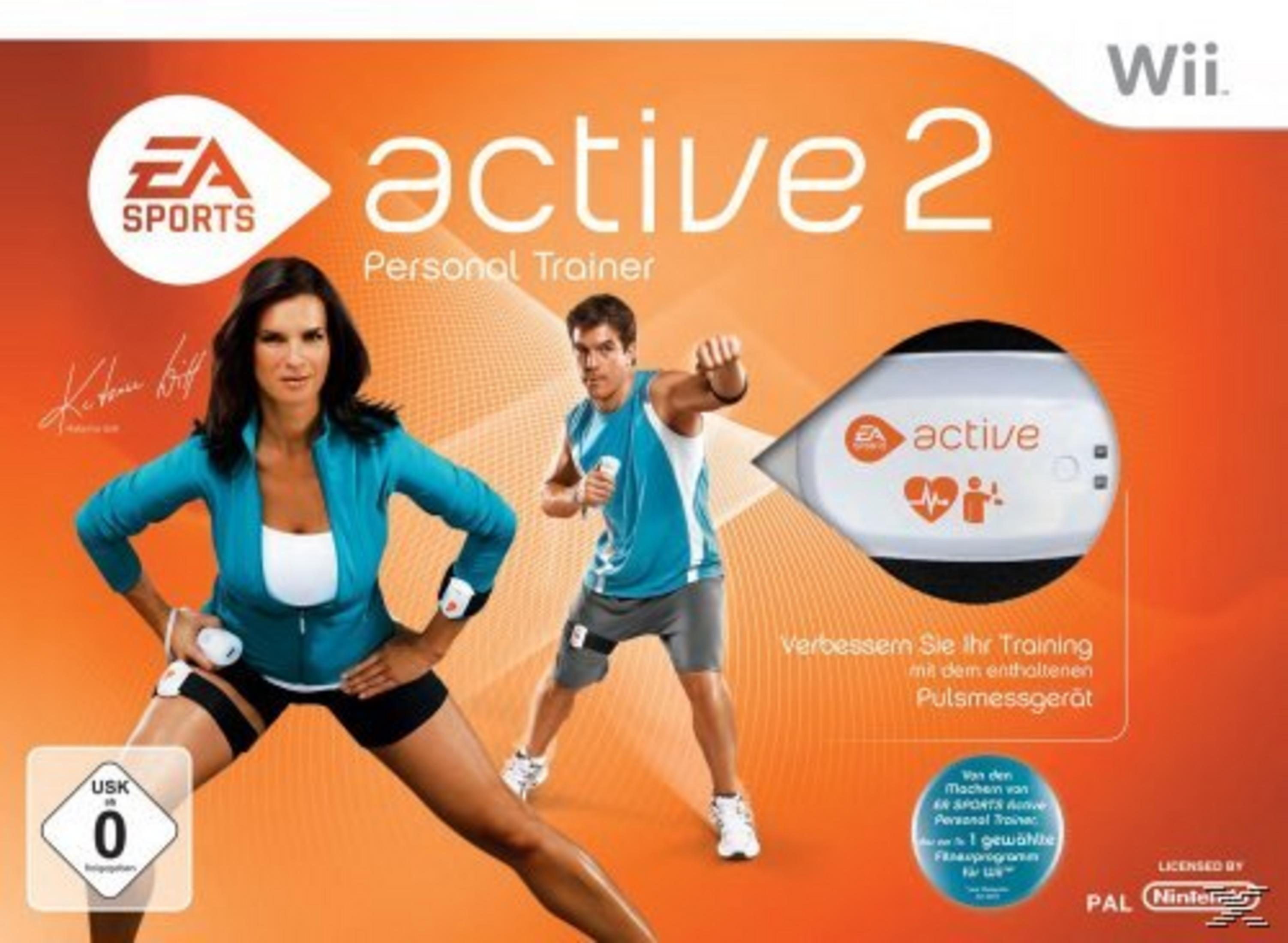 EA Sports Active 2 Spielcover. Eine Frau und ein Mann trainieren. Ein Herzfrequenzmesser wird gezeigt.